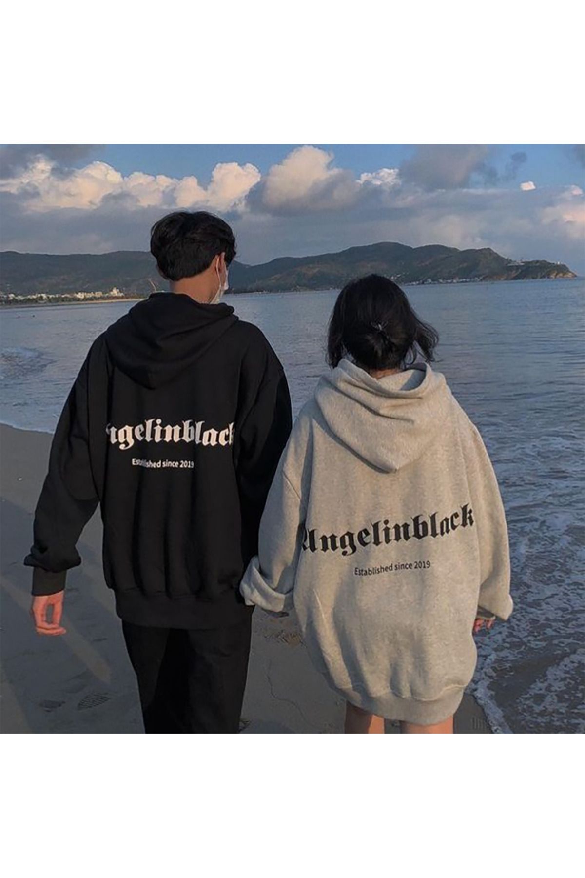 Boi Angelinblack Sevgili Çift Kombin Sweatshirt - Siyah Gri Baskılı Oversize Kapüşonlu