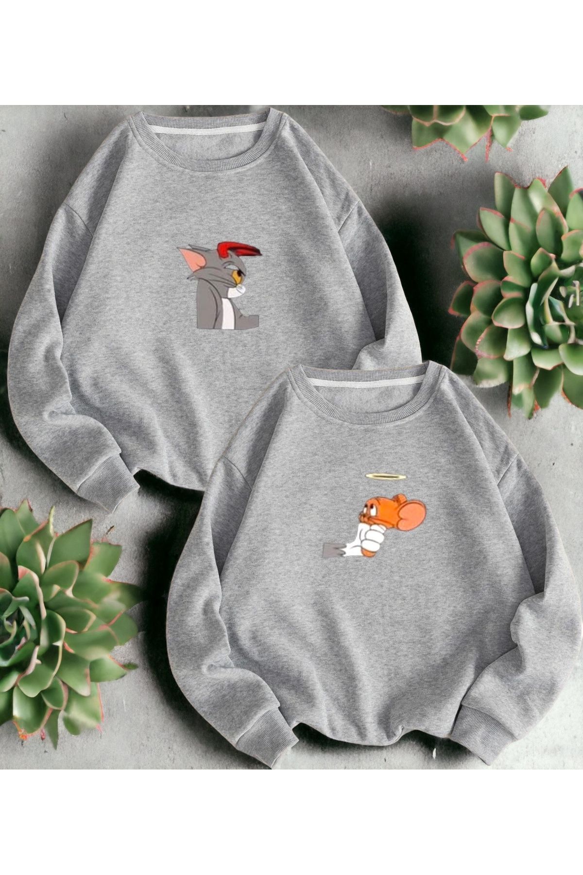 Boi Evil Tom Angel Jerry Sevgili Çift Kombin - Gri Baskılı Oversize Bisiklet Yaka Sweatshirt