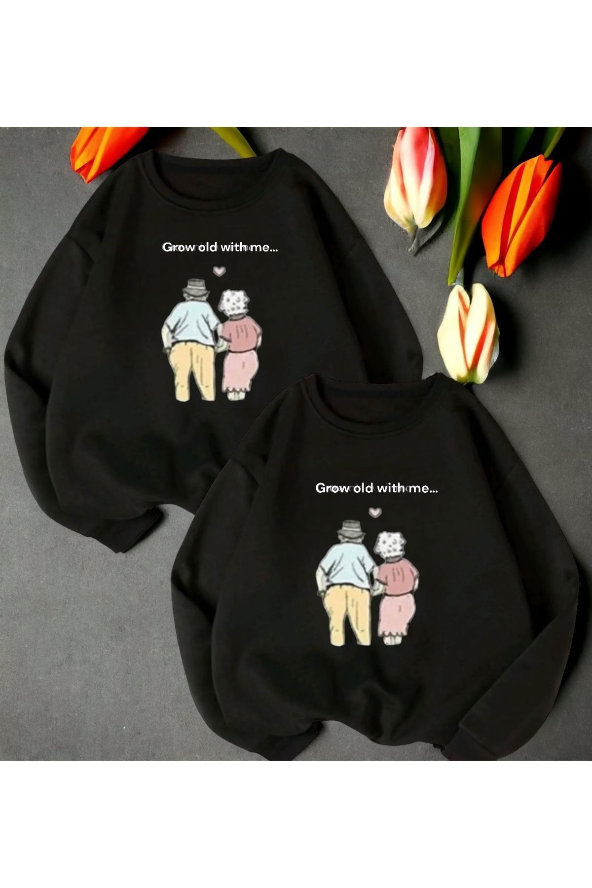 Boi Grow Old With Me Sevgili Çift Kombin - Siyah Baskılı Oversize Bisiklet Yaka Sweatshirt