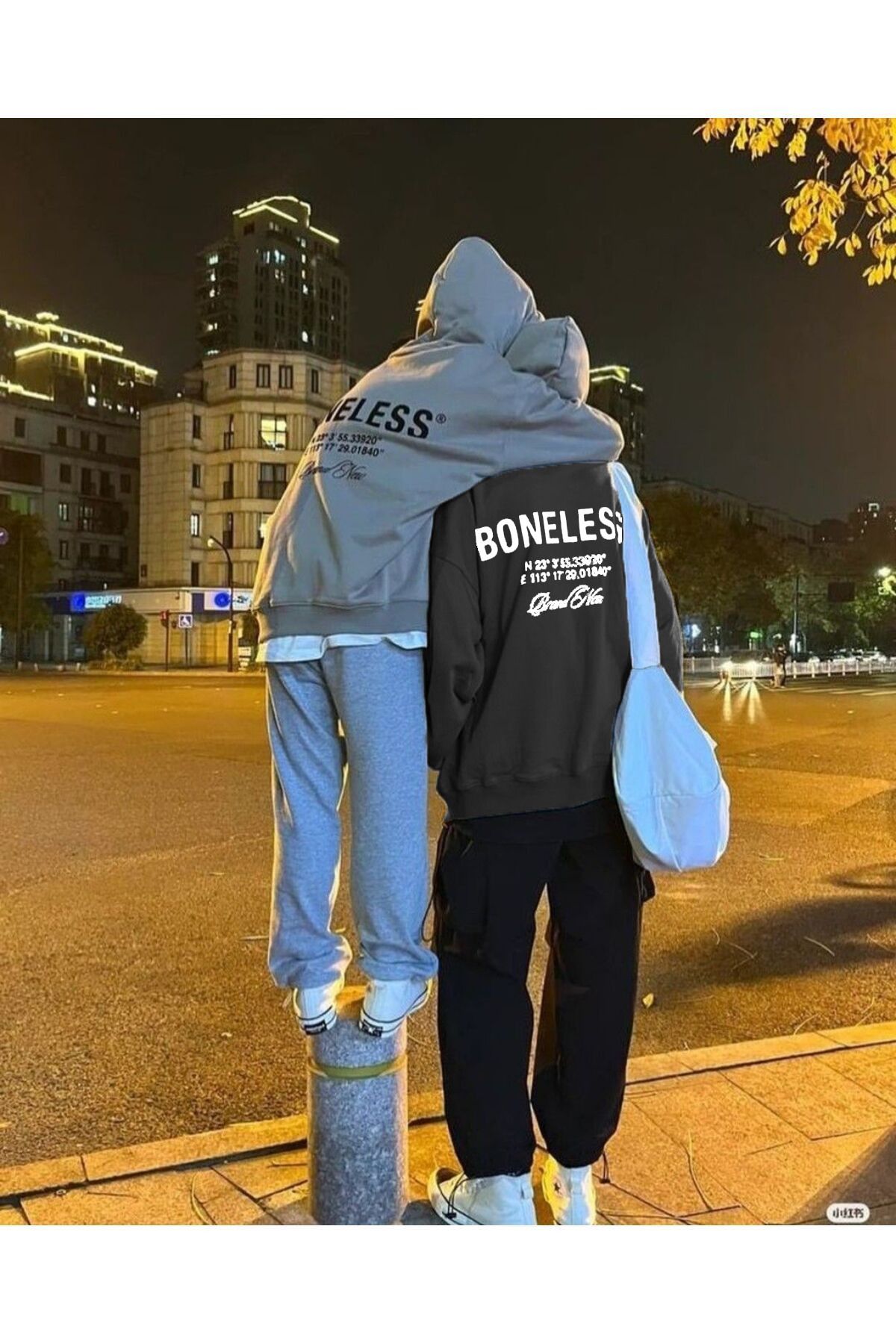 Boi Boneless Sevgili Çift Kombin - Gri Siyah Baskılı Oversize Kapüşonlu Sweatshirt