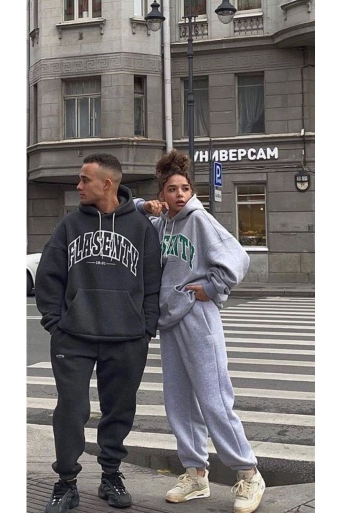 Boi Flasenty Sevgili Çift Kombin Sweatshirt - Siyah Gri Baskılı Oversize Kapüşonlu