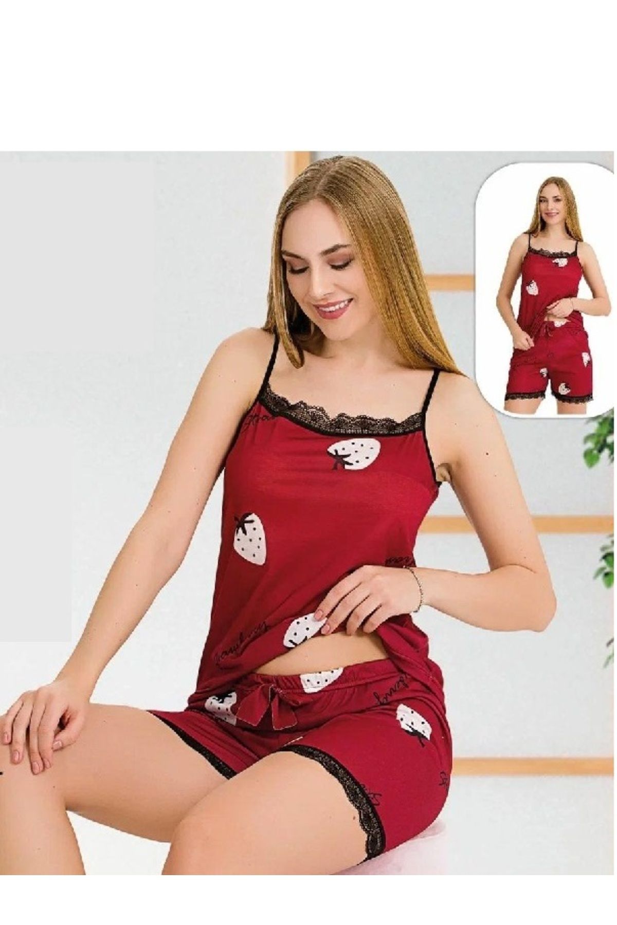 Wonder Girl WONDER GİRL ASKILI ŞORTLU ÇİLEK DESEN BORDO RENK 2 Lİ TAKIM