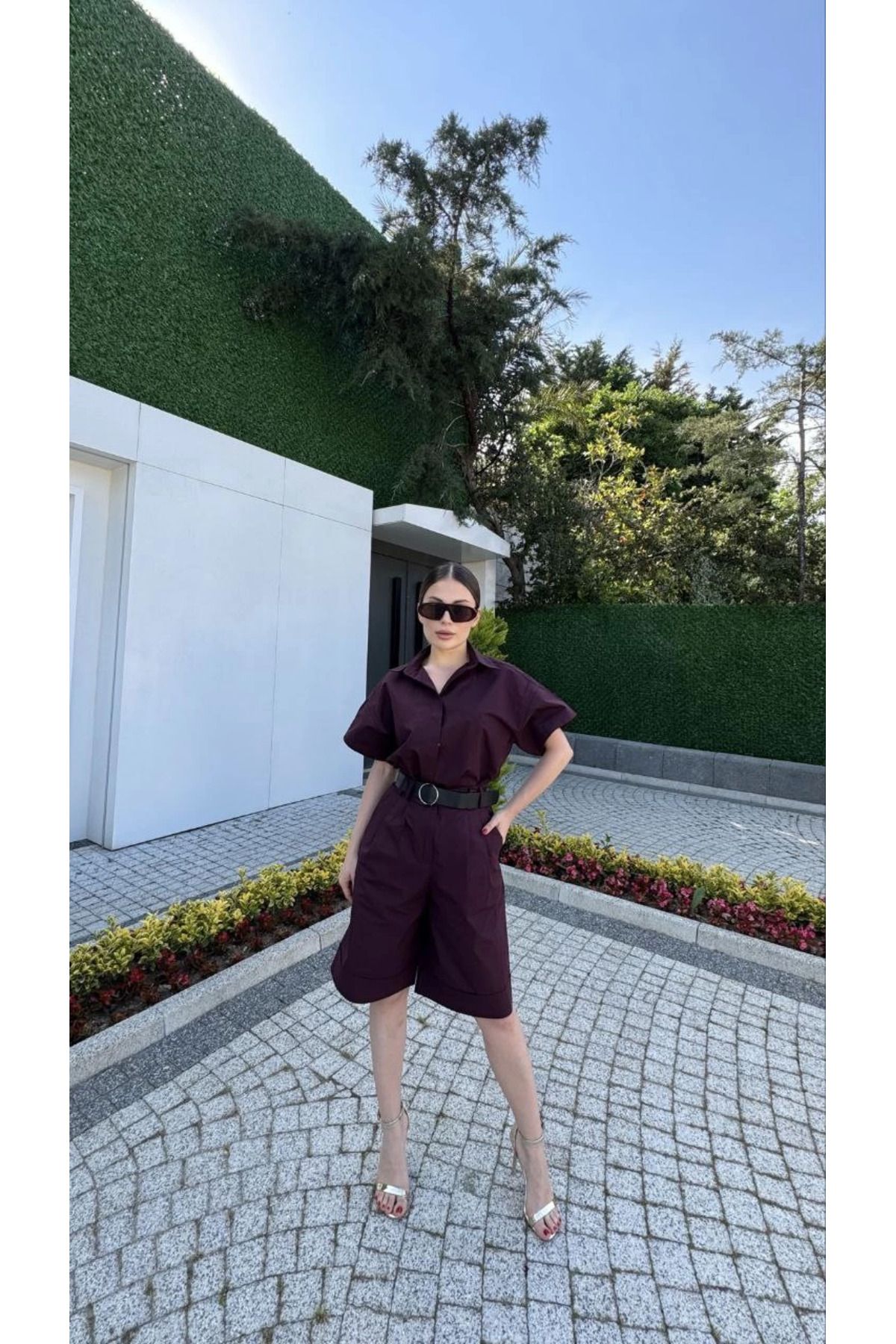 Pink Stil Kadın Yakalı Gömlek Kemerli Şortlu Takım - Bordo
