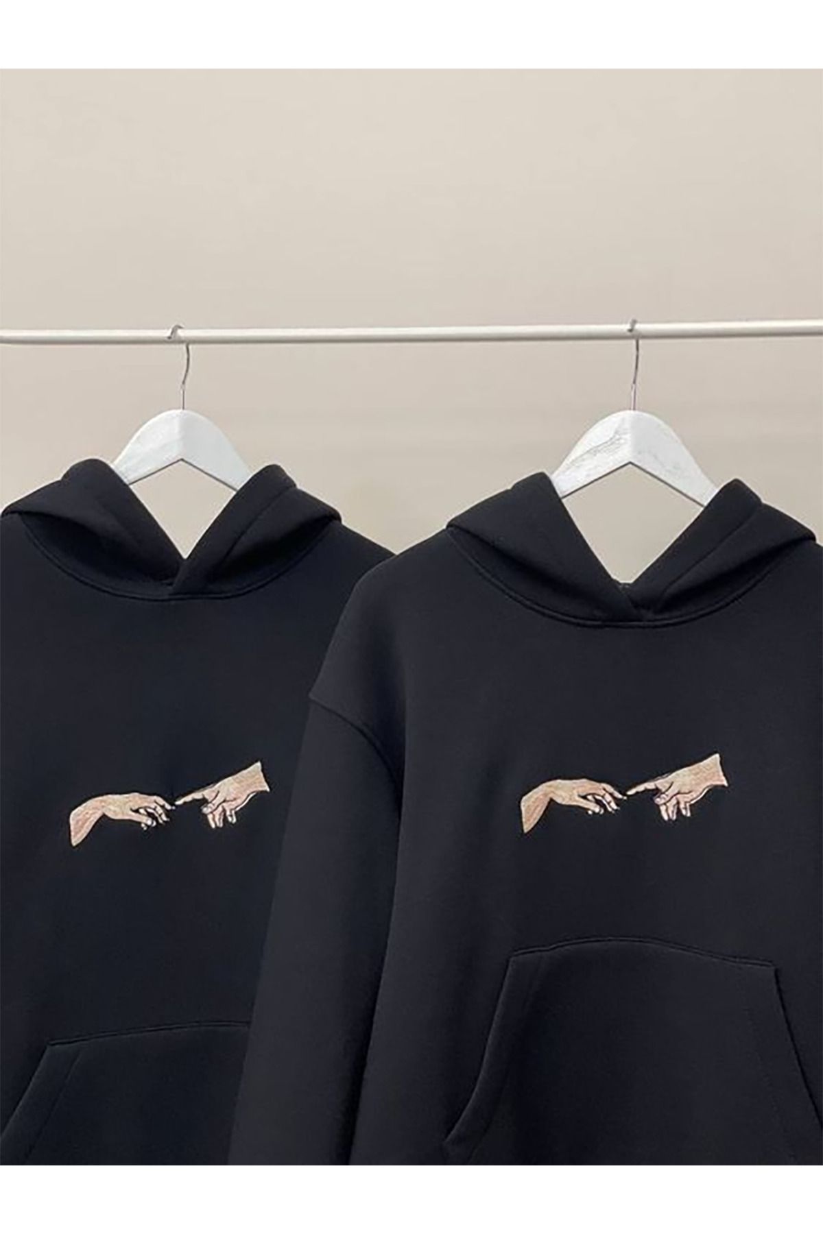 Boi Michelangelo Sevgili Çift Kombin Sweatshirt - Siyah Baskılı Oversize Kapüşonlu