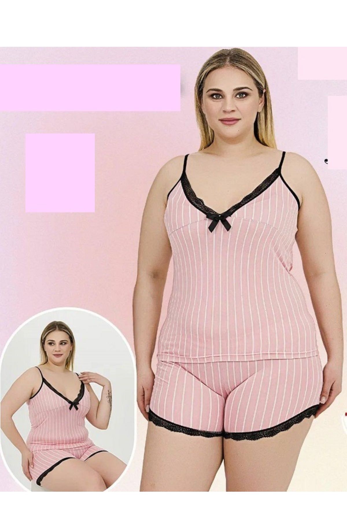 Wonder Girl WONDER GİRL ASKILI ŞORTLU ÇİZGİLİ PEMBE BEYAZ RENK DANTEL DETAYLI 2 Lİ TAKIM