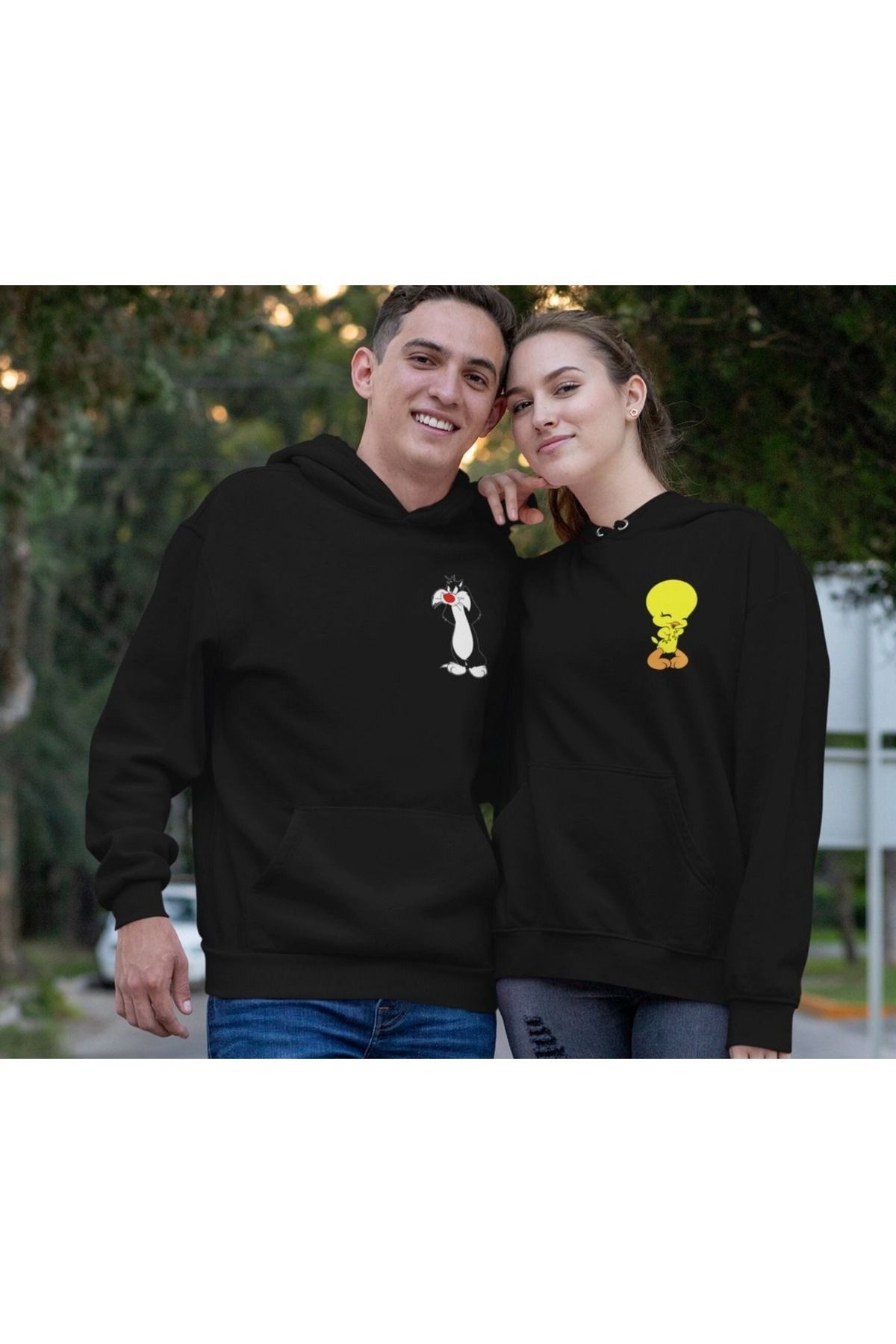 Boi Sylvester & Tweety Sevgili Çift Kombin - Siyah Baskılı Oversize Kapüşonlu Sweatshirt