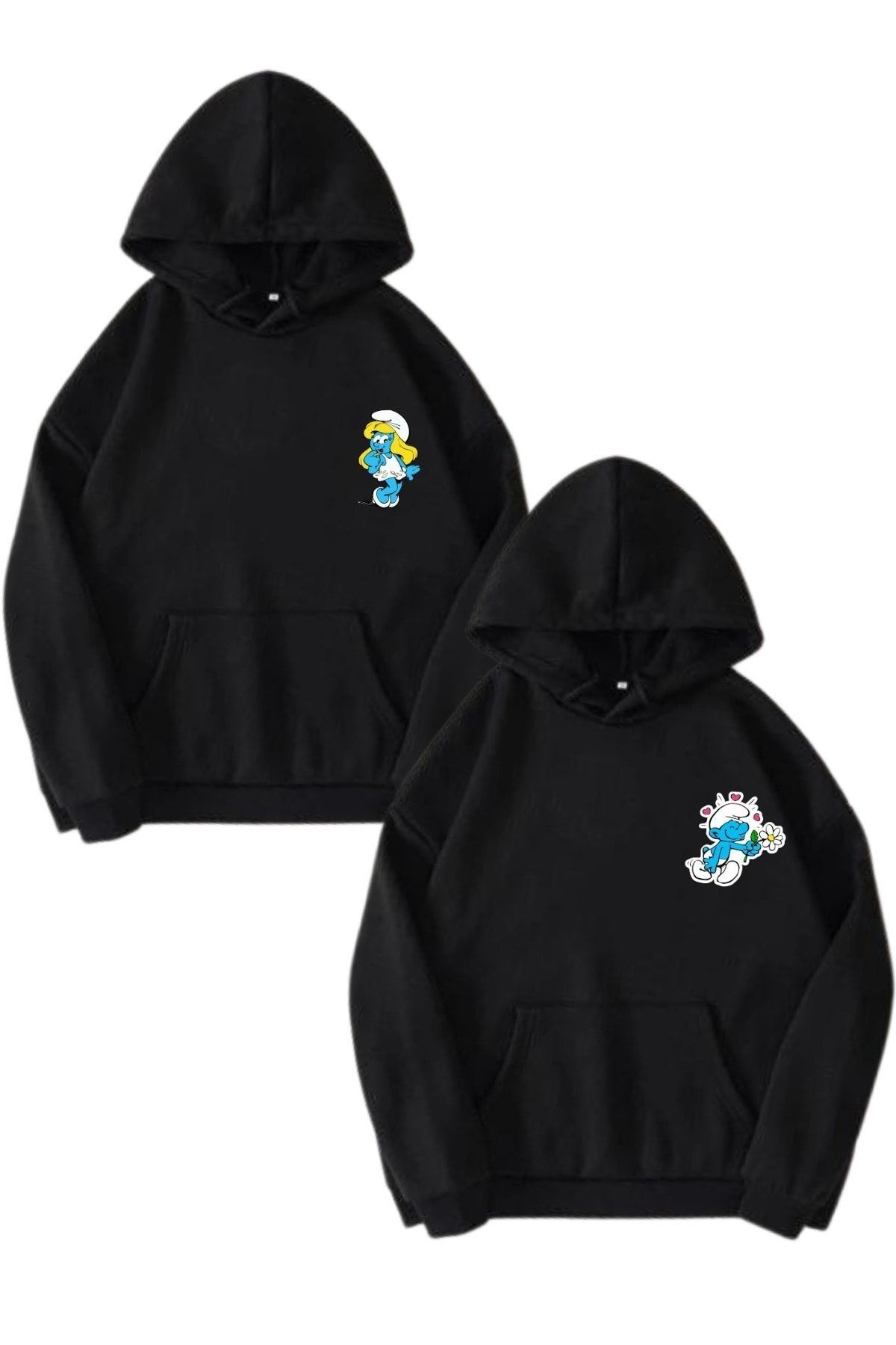 Boi Şirinler Sevgili Çift Kombin - Siyah Baskılı Oversize Kapüşonlu Sweatshirt