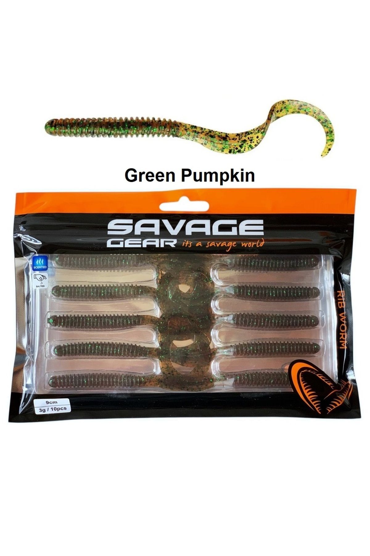 Savage Gear Rib Worm 9cm 3gr Silikon Yem (10'LU PAKET) Iğnesiz Green Pumpkin