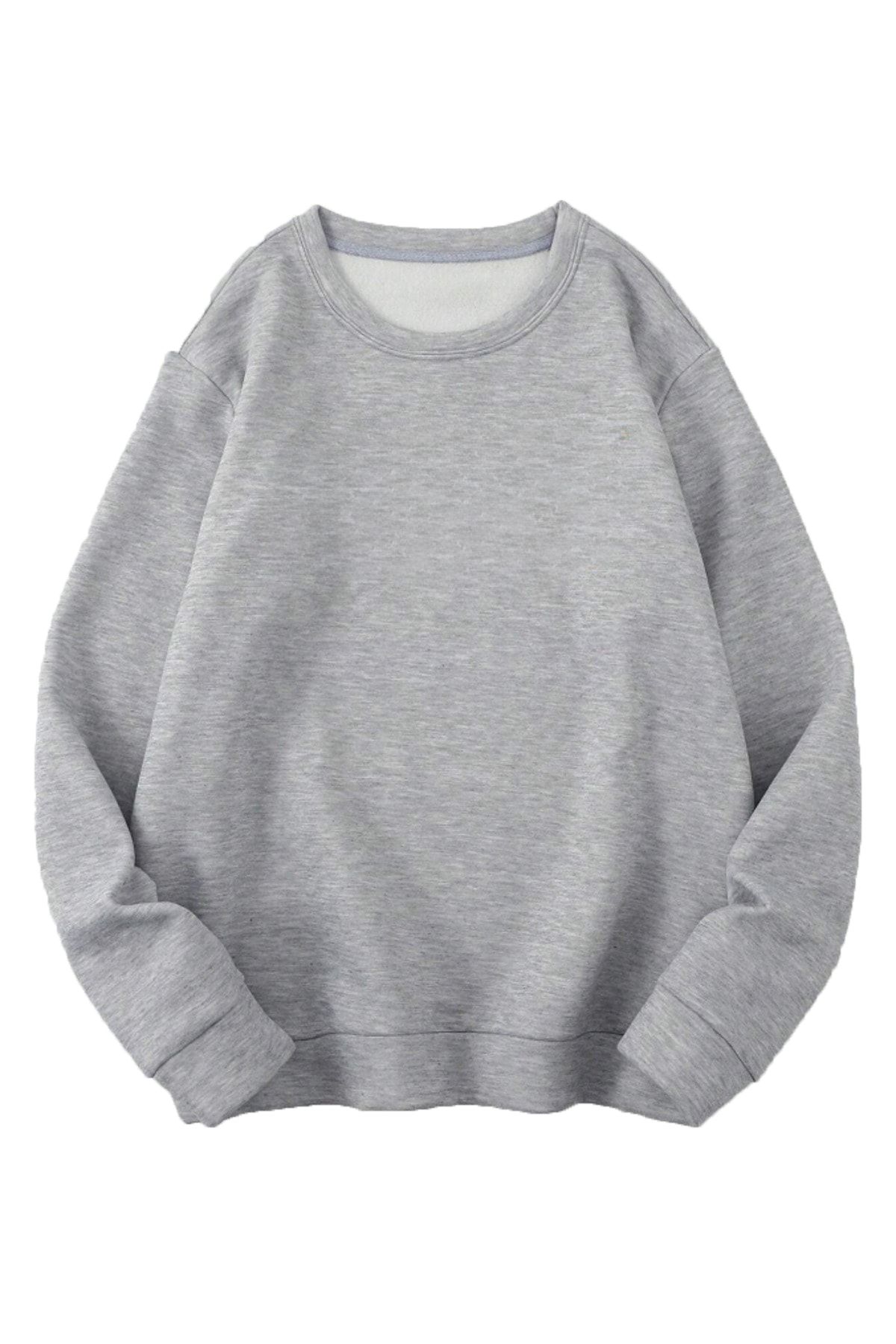 Boi Basic Düz Sweatshirt - Gri Oversize Sweatshirt Bisiklet Yaka