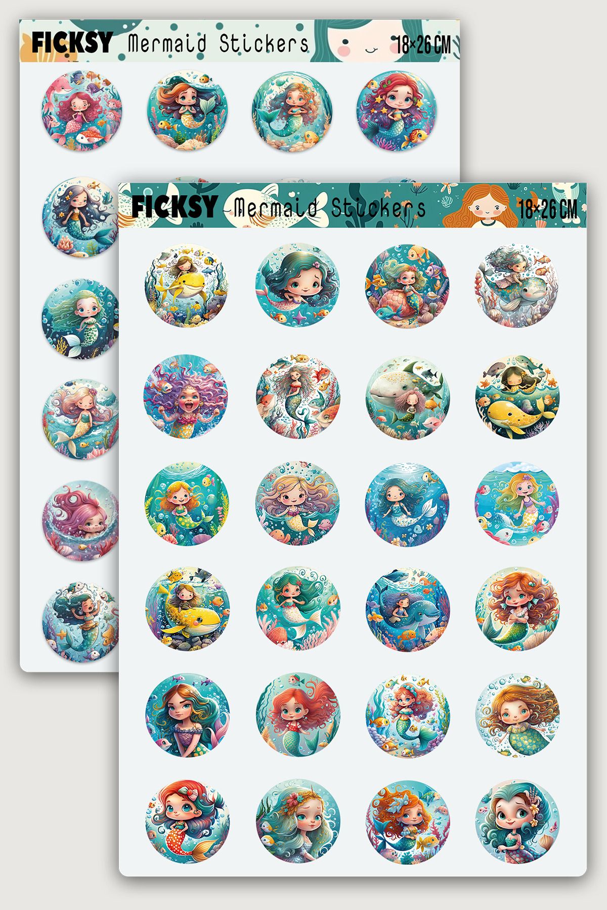 Ficksy Sevimli Deniz Kızı Sticker Seti - 48 Adet Yuvarlak Etiket Çıkartma