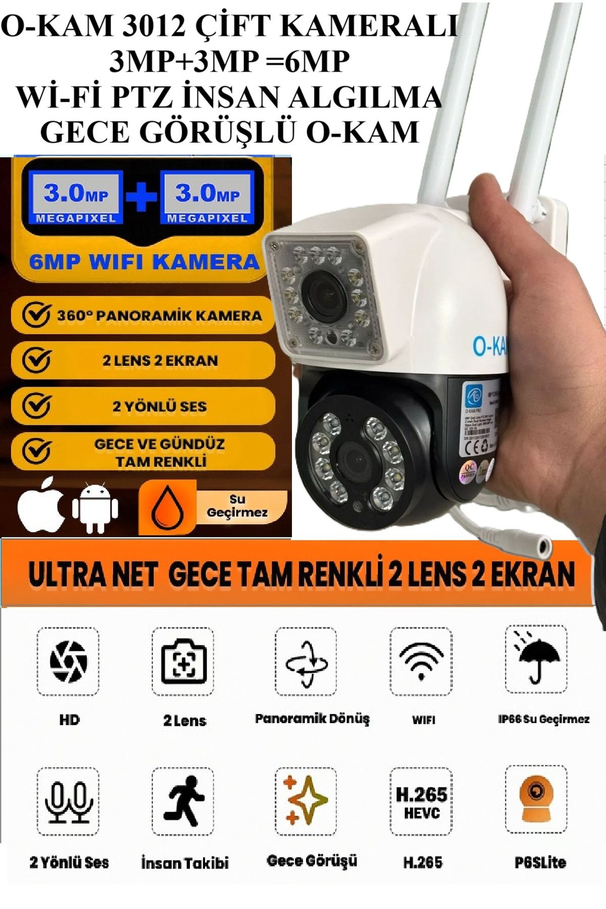 TR Charger O-KAM 3012 6MP 3MP+3MP Çift Lens Wi-Fi PTZ Kamera | Renkli Gece Görüşü | Hareket Takibi |2 Yönlü Ses