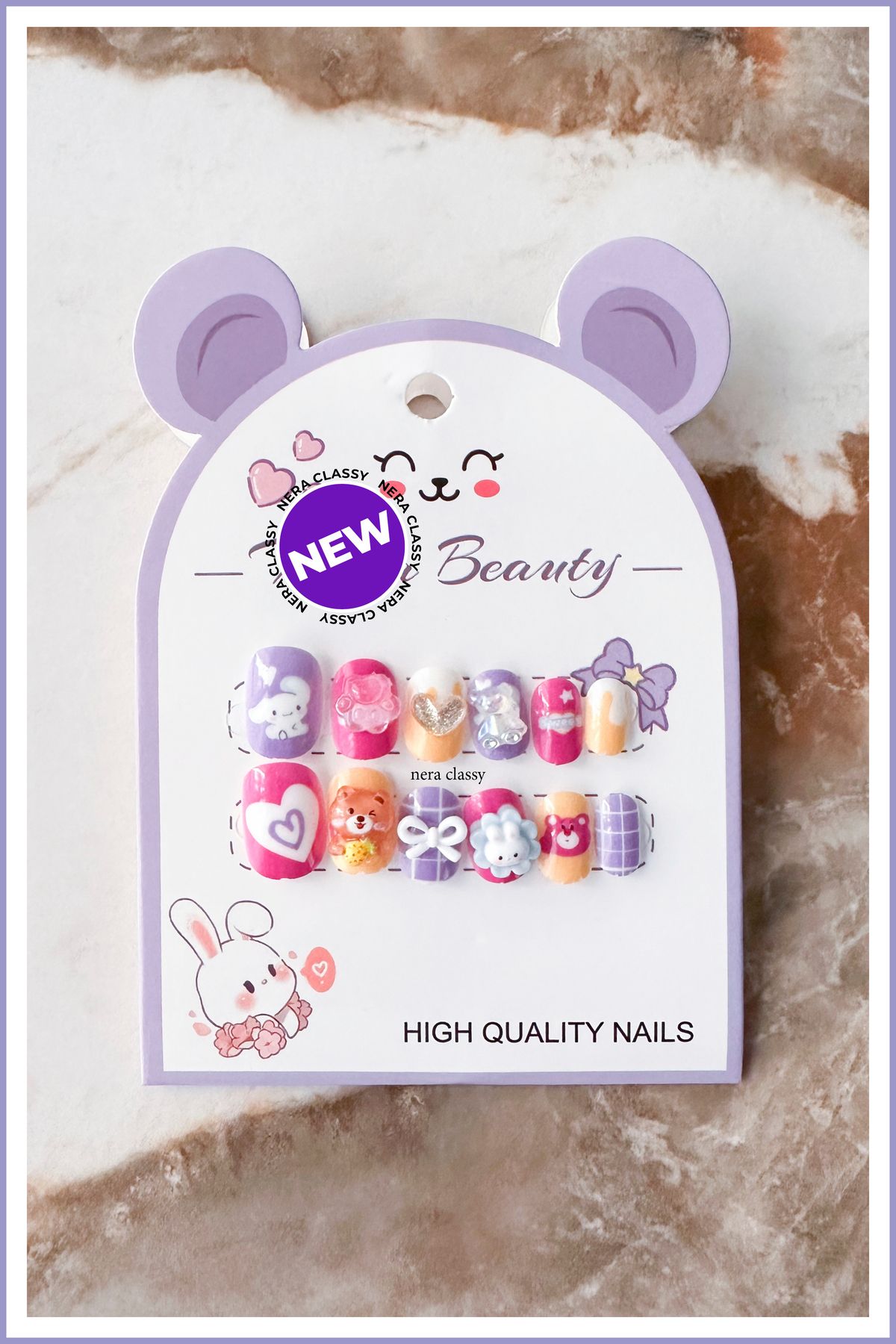 Nera Classy New 6D Charmli Çocuk Takma Tırnak, 12'li Çocuk Charmli Tırnak, Sevimli Charm Çocuk Protez Tırnak