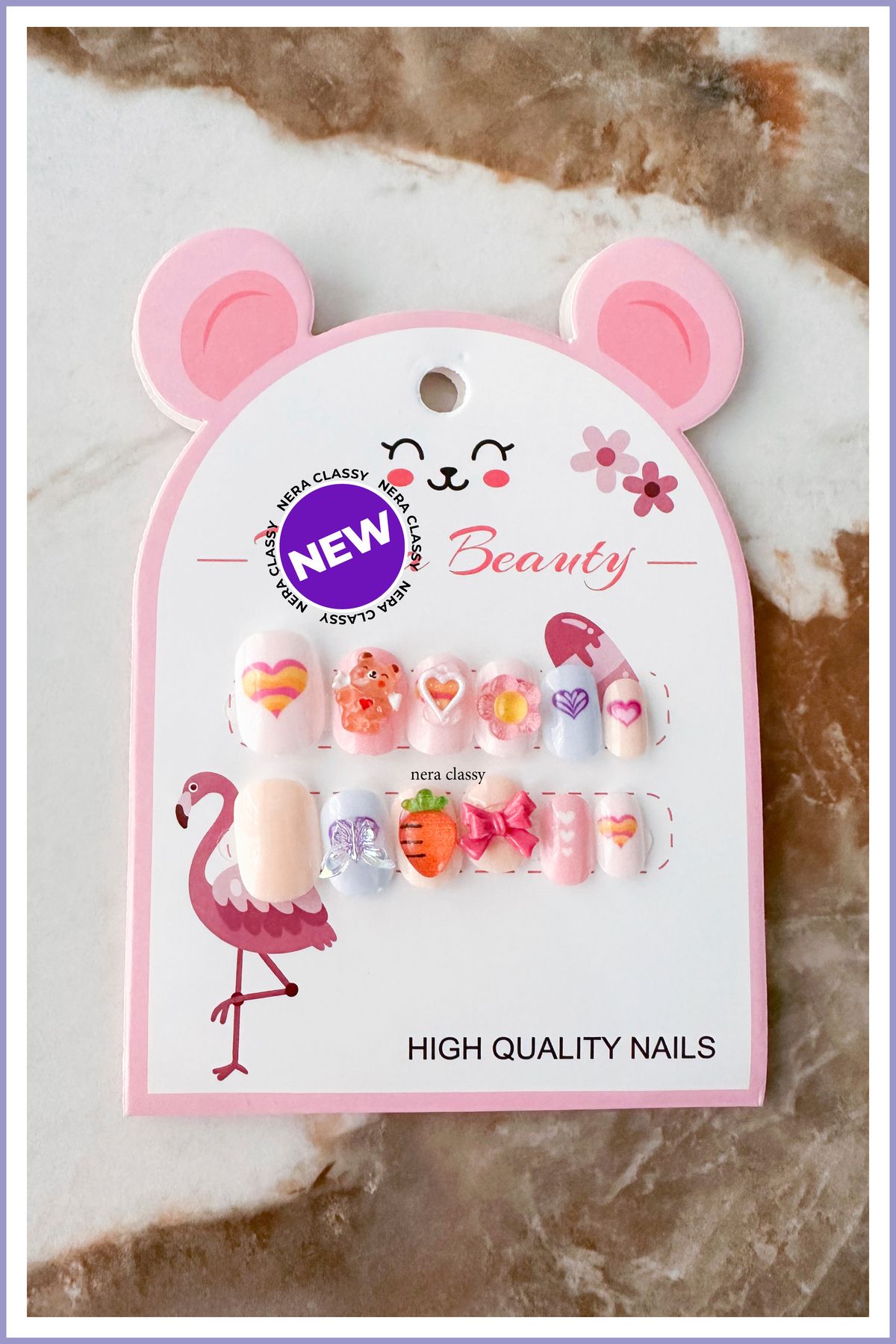 Nera Classy New 6D Charmli Çocuk Takma Tırnak, 12'li Çocuk Charmli Tırnak, Sevimli Charm Çocuk Protez Tırnak