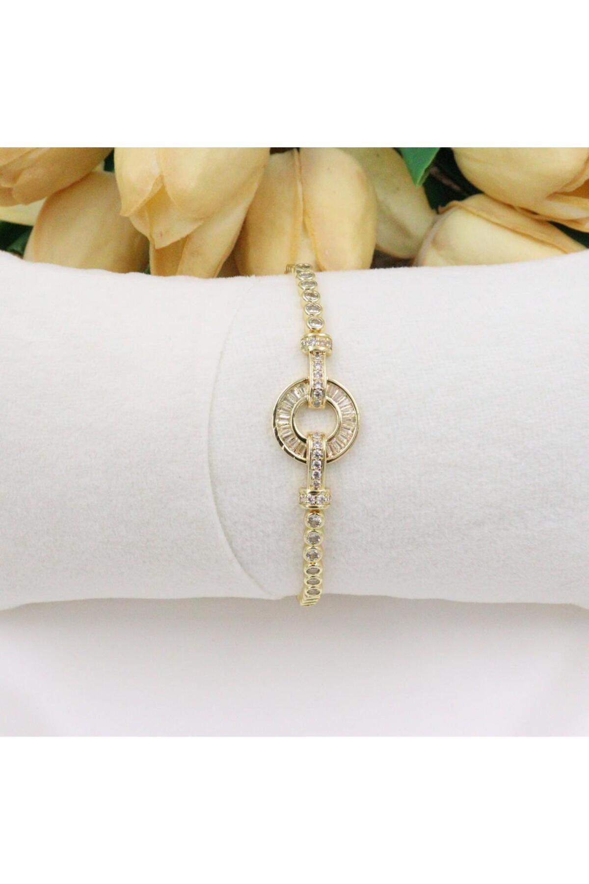 mercanjewelry VİP 14K Kaplama Ortası Yuvarlak Zirkon Taşlı Bileklik