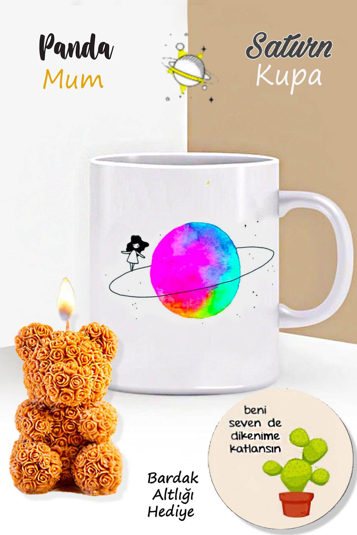 RETROGO Satürn Kız Kupa & & Gül Desenli Teddy Bear Ayıcık Mum & Bardak Atlığı