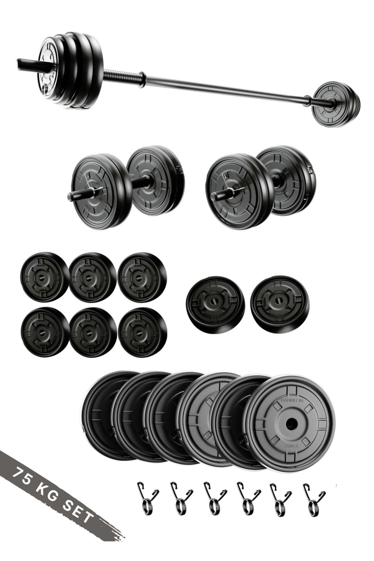 SerenityHaven 150 Cm Uzun Barlı 75 Kg Dambıllar ve Ağırlık plakaları Vücut Geliştirme Aleti Halter Seti Dumbell