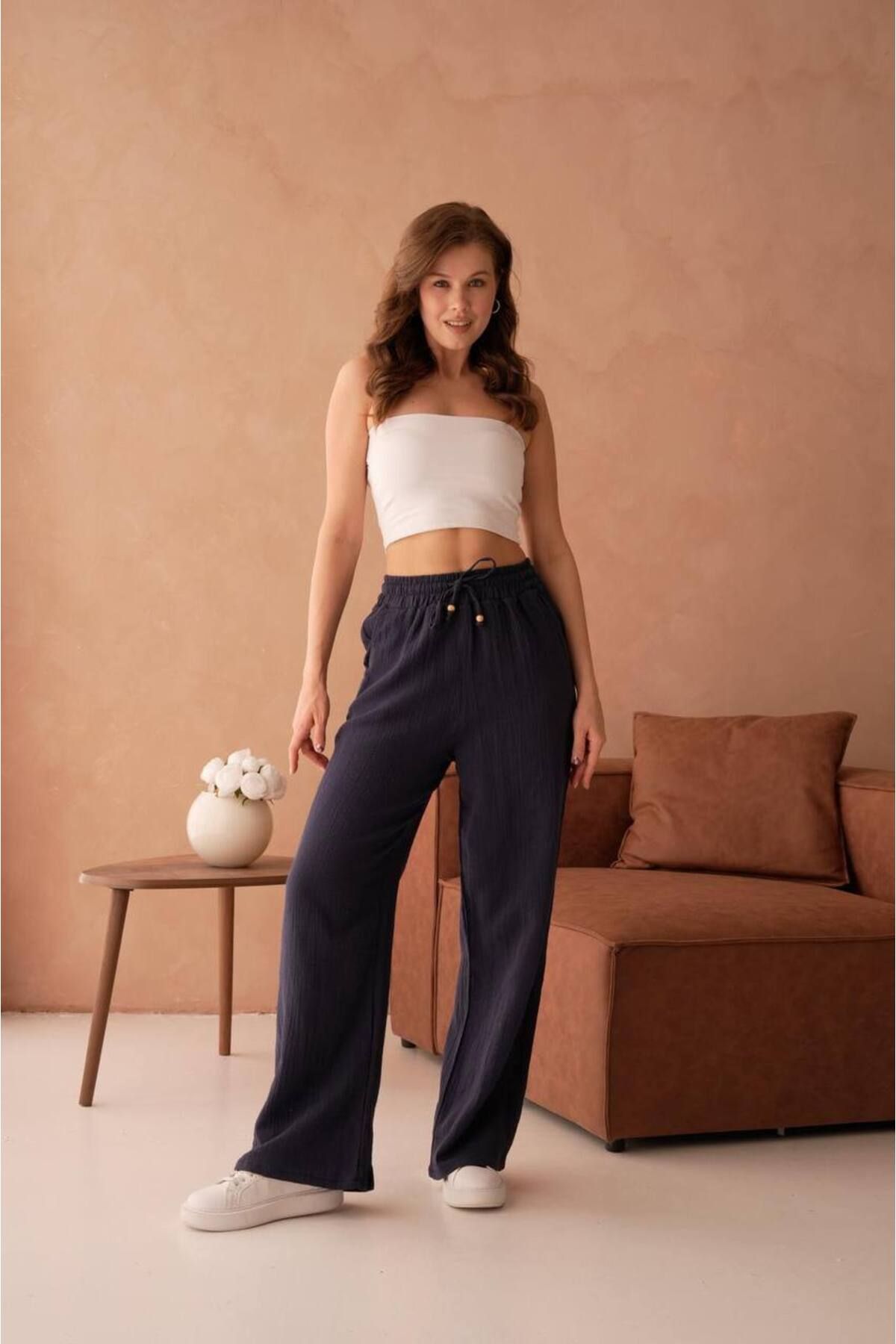 Castivo Fashion Bel Lastikli Muslin Görünümlü Geniş Paça Pantolon