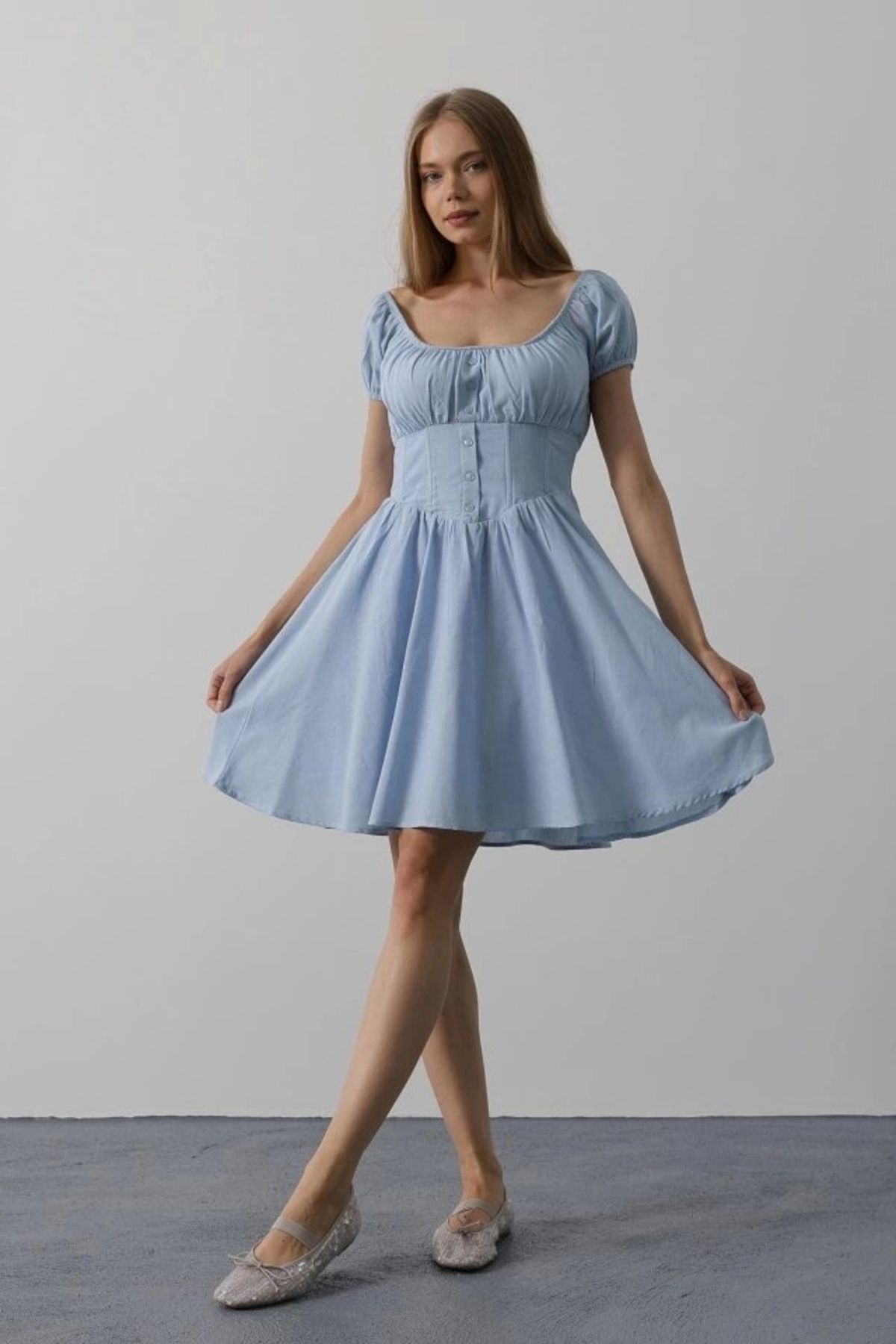 jupiter global bazaar-Mini Dress with Waist Corset - Baby Blue 2