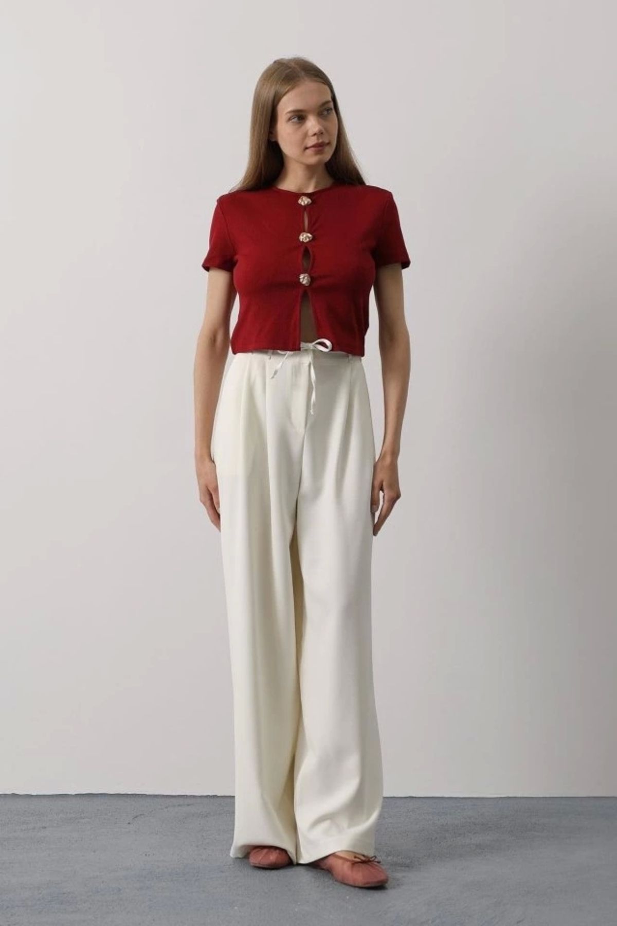 Silerra Pileli Bağcıklı Oversize Pantolon - Ekru