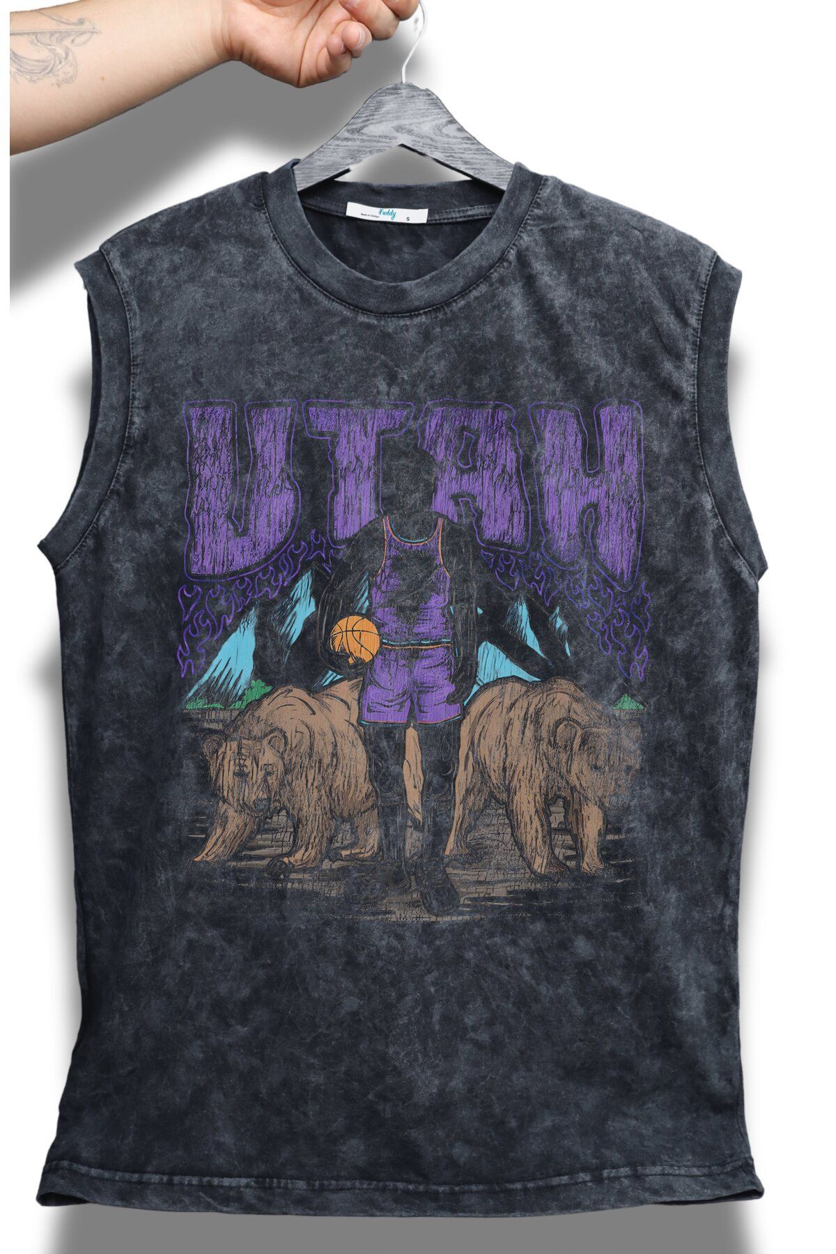 Fuddy Moda Utah Yazılı Yıkamalı Kolsuz Tişört, Unisex Basketbol Temalı Sıfır Kollu Eskitme Atlet
