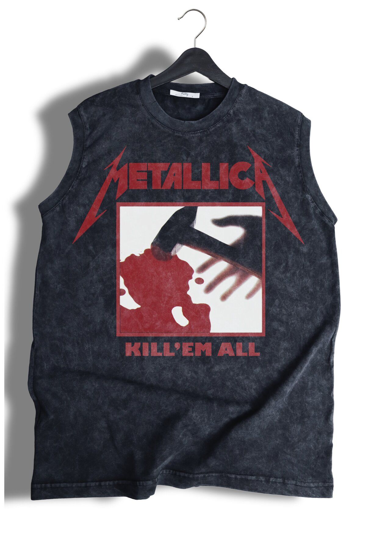 Fuddy Moda Metallica Kill'em All Yazılı Yıkamalı Kolsuz Tişört,Unisex Rock Band Temalı Sıfır Kol Vintage Atlet