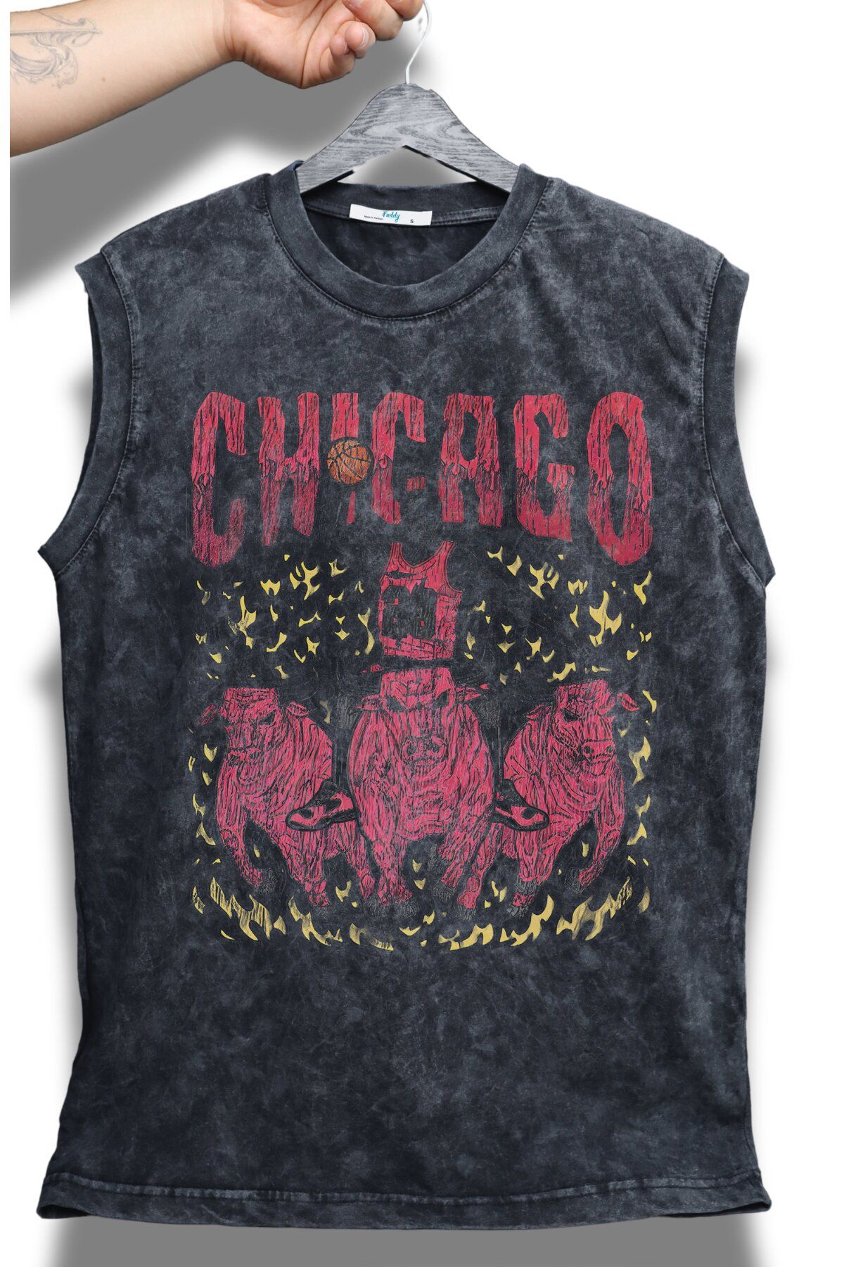 Fuddy Moda Chicago Yazılı Yıkamalı Kolsuz Tişört, Unisex Basketbol Temalı Sıfır Kollu Retro Atlet