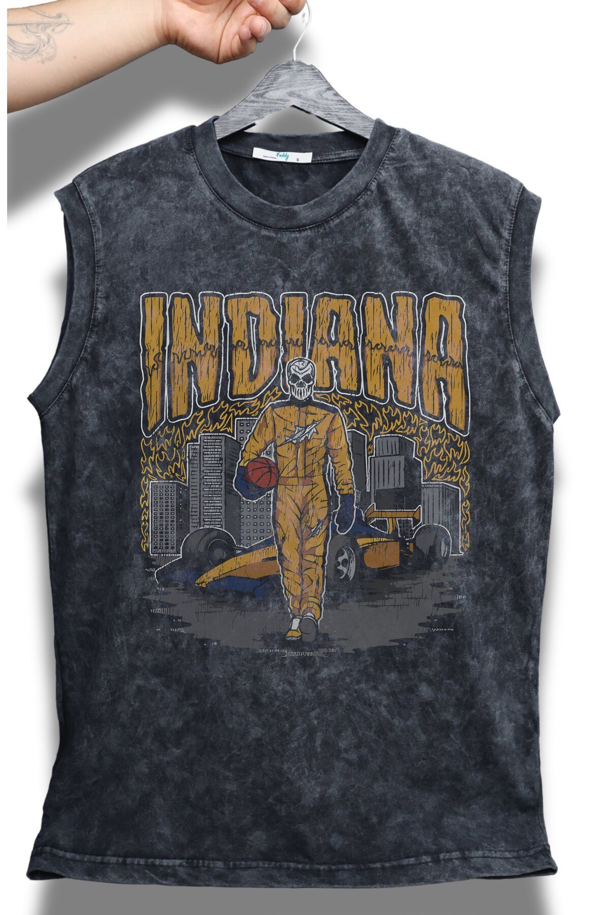 Fuddy Moda Indiana Yazılı Yıkamalı Kolsuz Tişört, Unisex Basketbol Temalı Sıfır Kollu Vintage Atlet