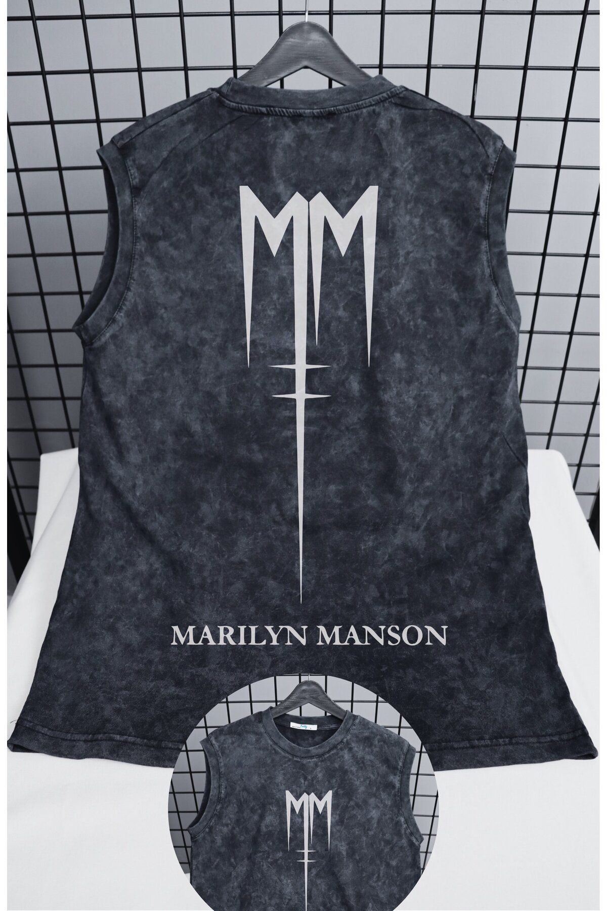 Fuddy Moda Marilyn Manson Logo Sırt Baskılı Yıkamalı Kolsuz Tişört, Unisex Rock Band Sıfır Kollu Eskitme Atlet