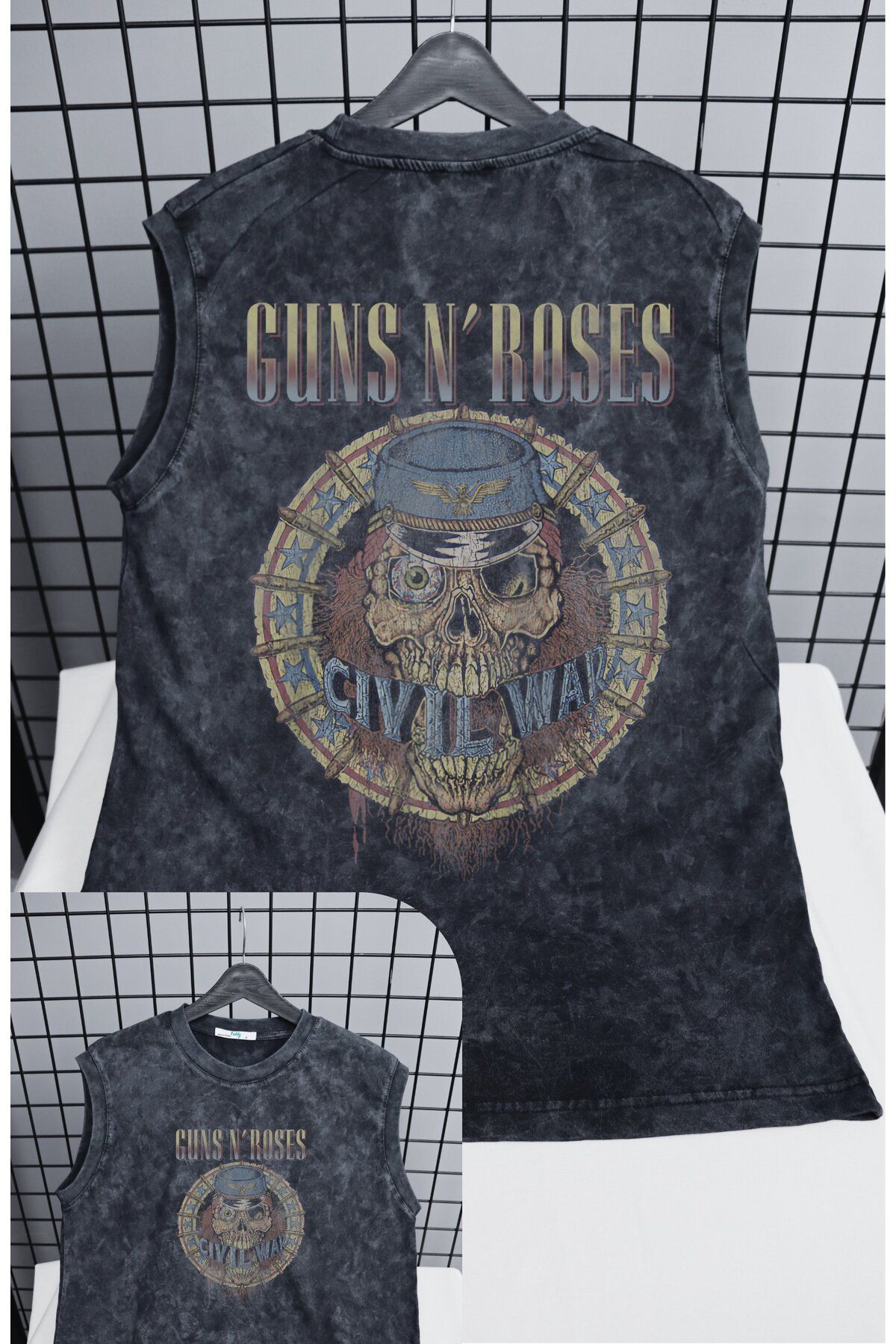 Fuddy Moda Guns N' Roses Civil War Sırt Baskılı Yıkamalı Kolsuz Tişört, Unisex Rock Band Sıfır Kol Retro Atlet