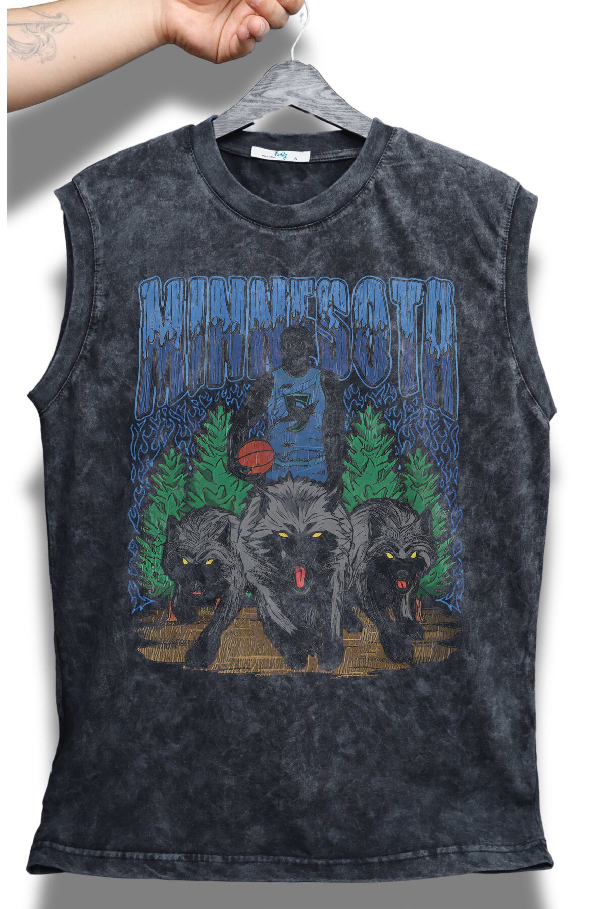 Fuddy Moda Minnesota Yazılı Yıkamalı Kolsuz Tişört, Unisex Basketbol Temalı Sıfır Kollu Retro Atlet