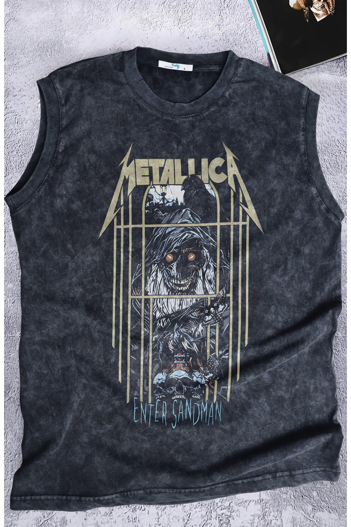 Fuddy Moda Metallica Enter Sandman Yazılı Yıkamalı Kolsuz Tişört,Unisex Rock Band Temalı Sıfır Kol Retro Atlet