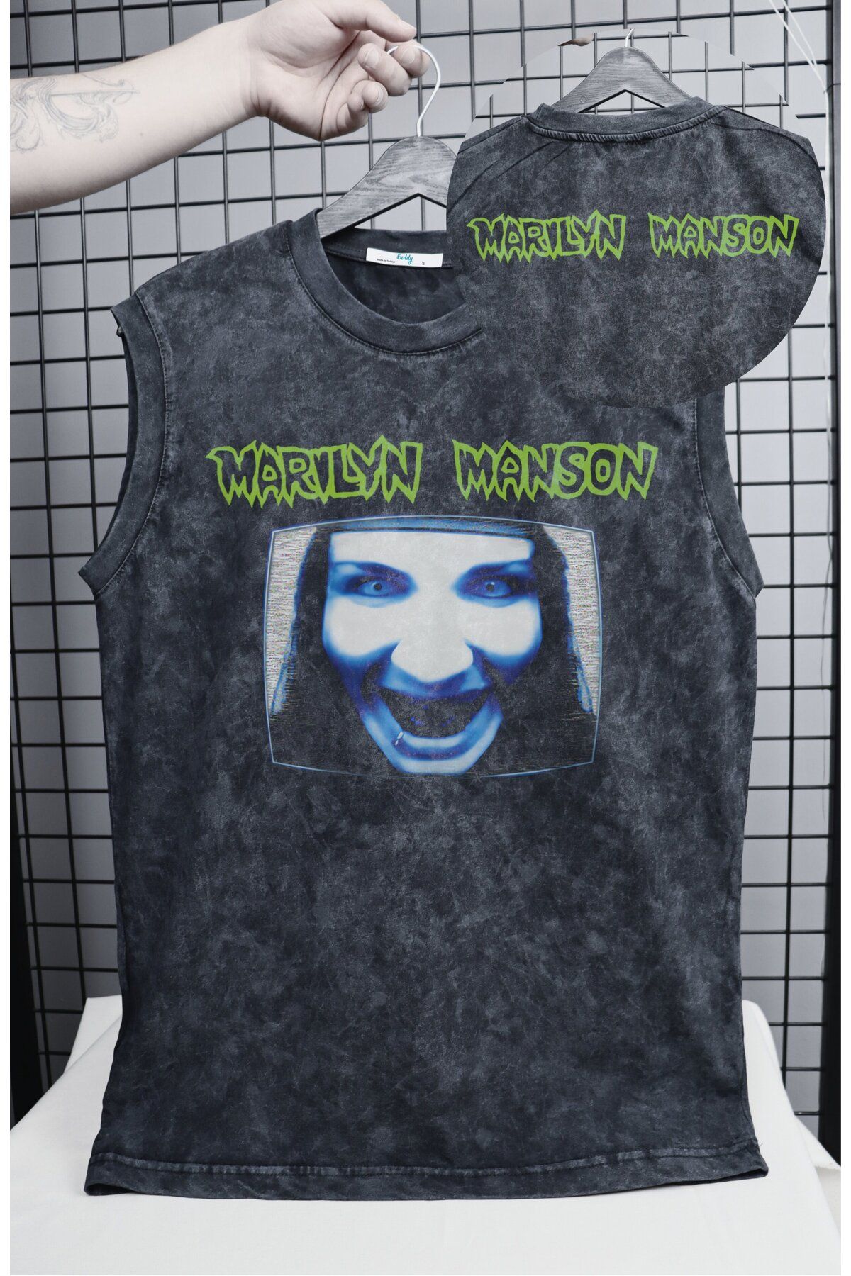 Fuddy Moda Marilyn Manson Resimli Yıkamalı Kolsuz Tişört, Unisex Rock Band Temalı Sıfır Kollu Vintage Atlet