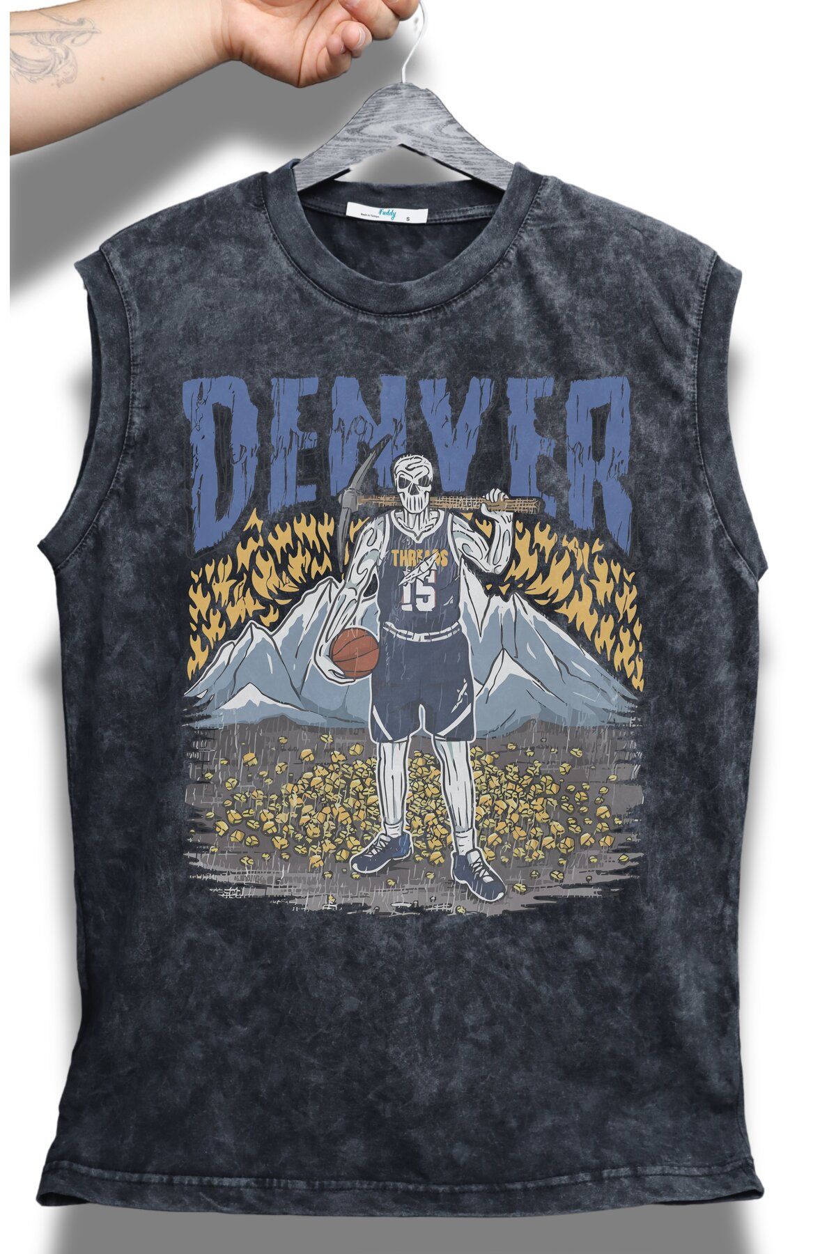 Fuddy Moda Denver Yazılı Yıkamalı Kolsuz Tişört, Unisex Basketbol Temalı Sıfır Kollu Eskitme Atlet