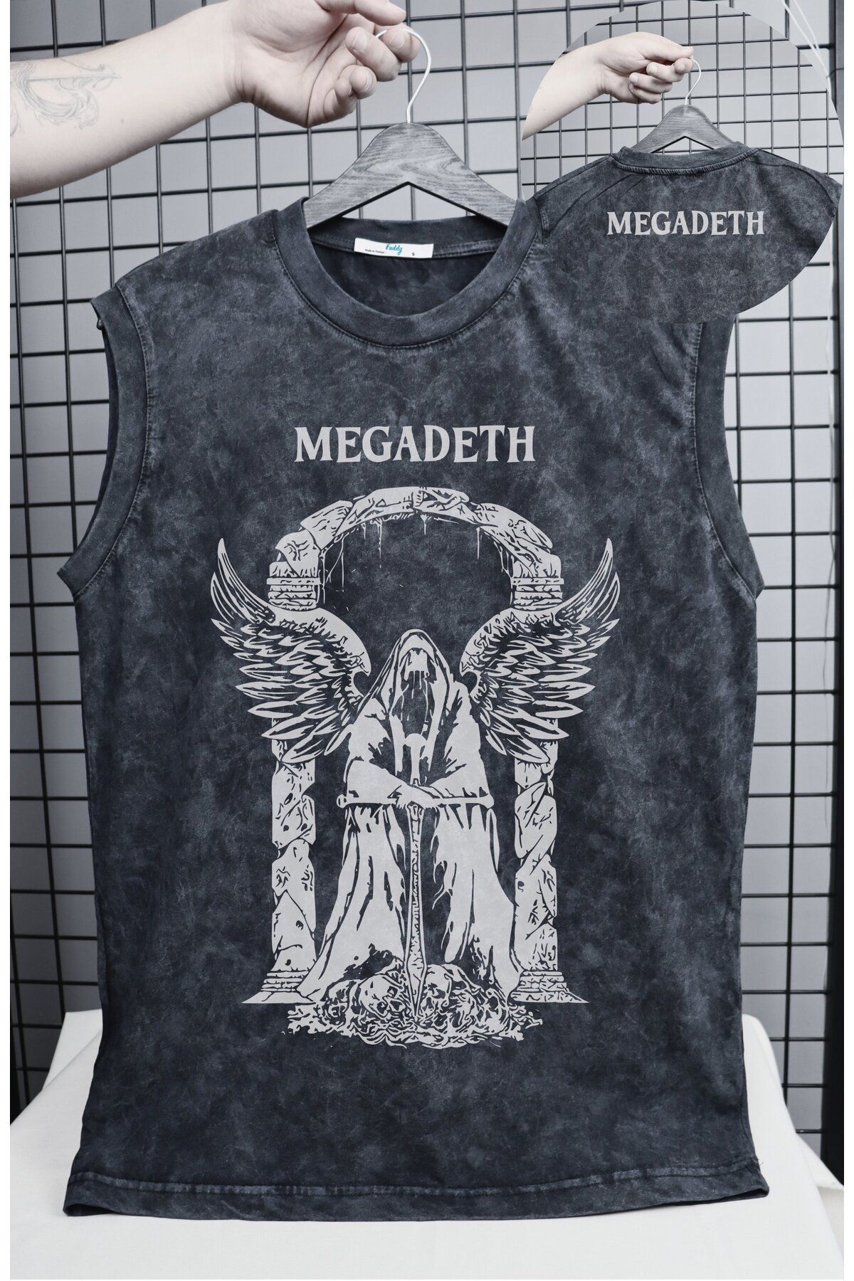 Fuddy Moda Megadeth Melek Baskılı Yıkamalı Kolsuz Tişört, Unisex Rock Band Temalı Sıfır Kollu Retro Atlet