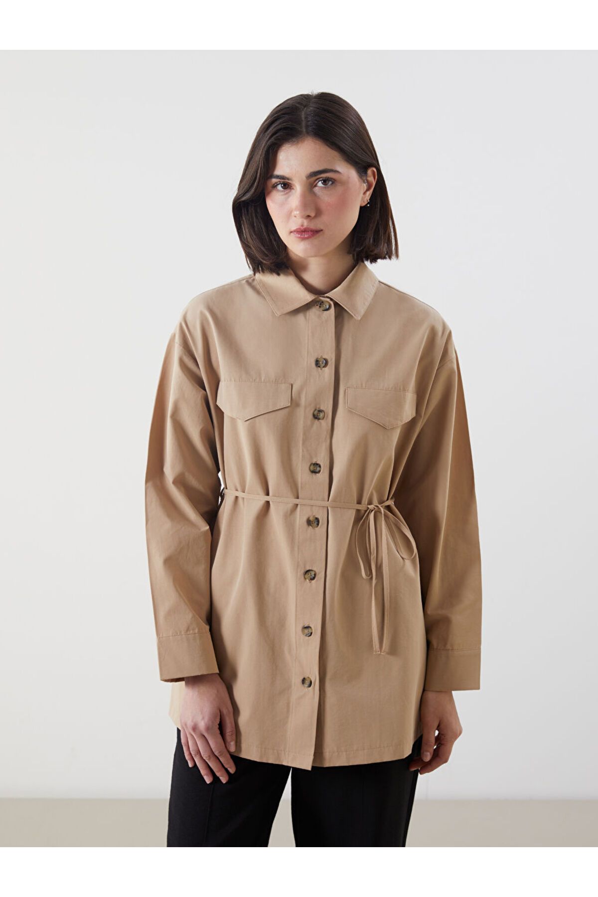 LC Waikiki LCW Modest Bej Poplin Kadın Gömlek Tunik S5MH67Z8NVY25