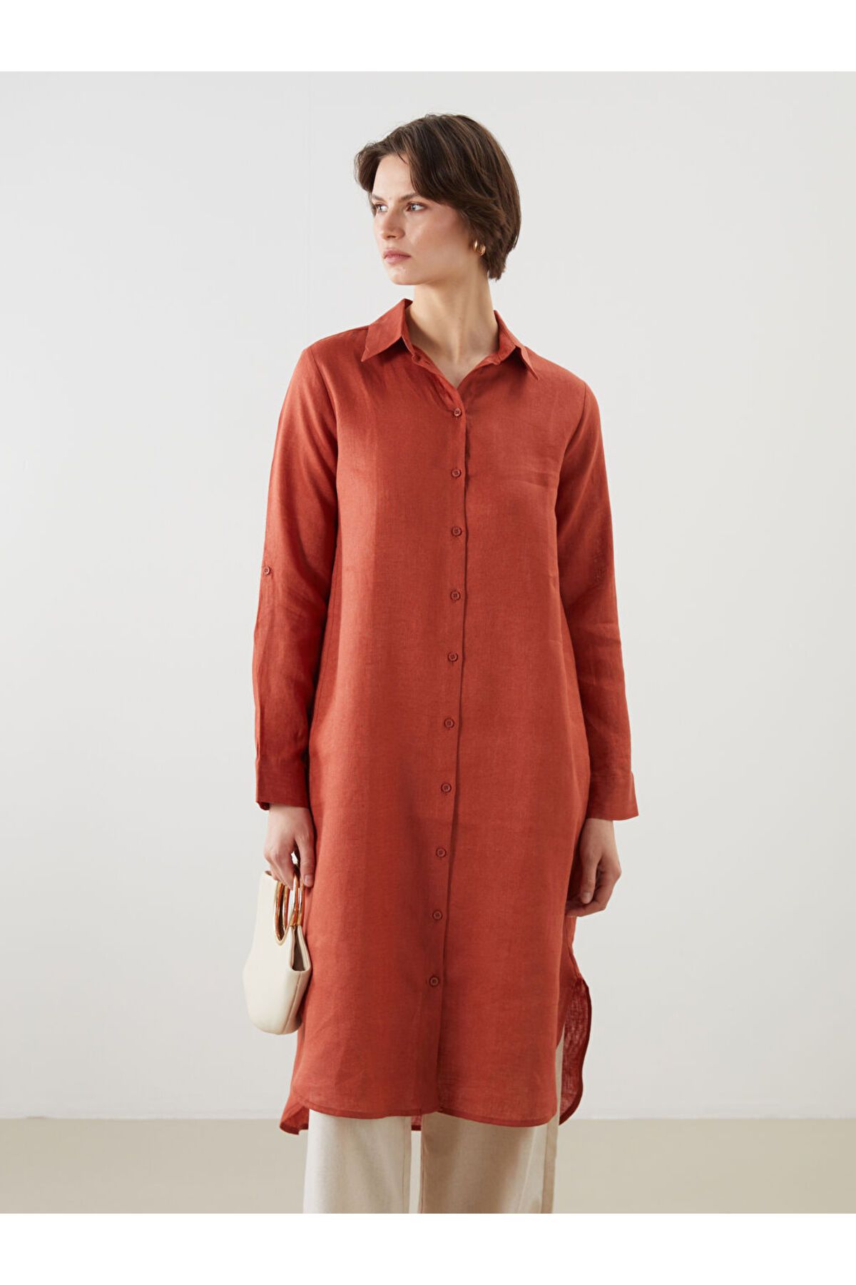 LC Waikiki LCWAIKIKI Classic Turuncu Keten Kadın Gömlek Tunik S5NF52Z8NVY25