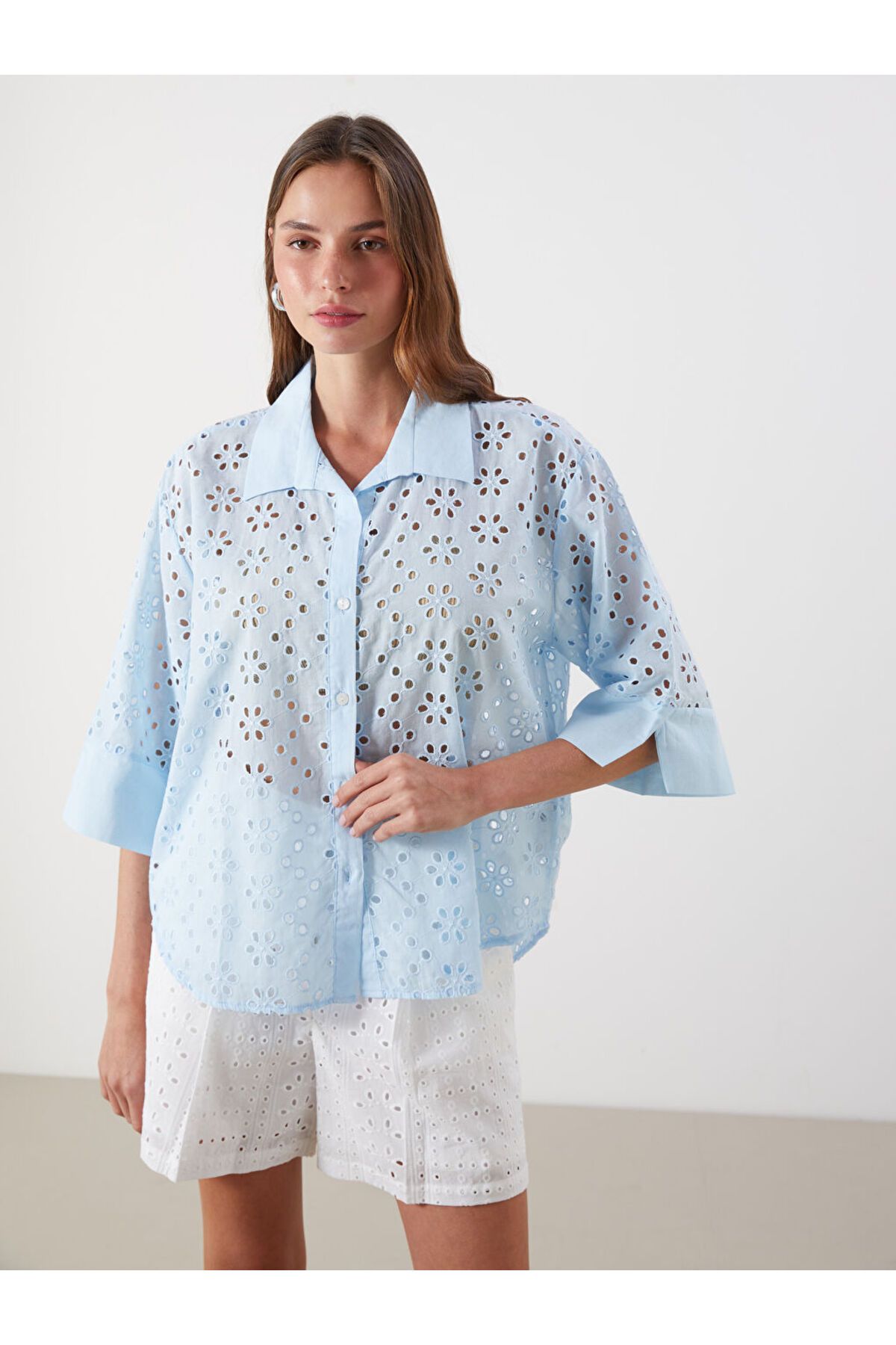 LC Waikiki LCW Vision Mavi Ajurlu Oversize Kadın Gömlek S5ME05Z8NVY25