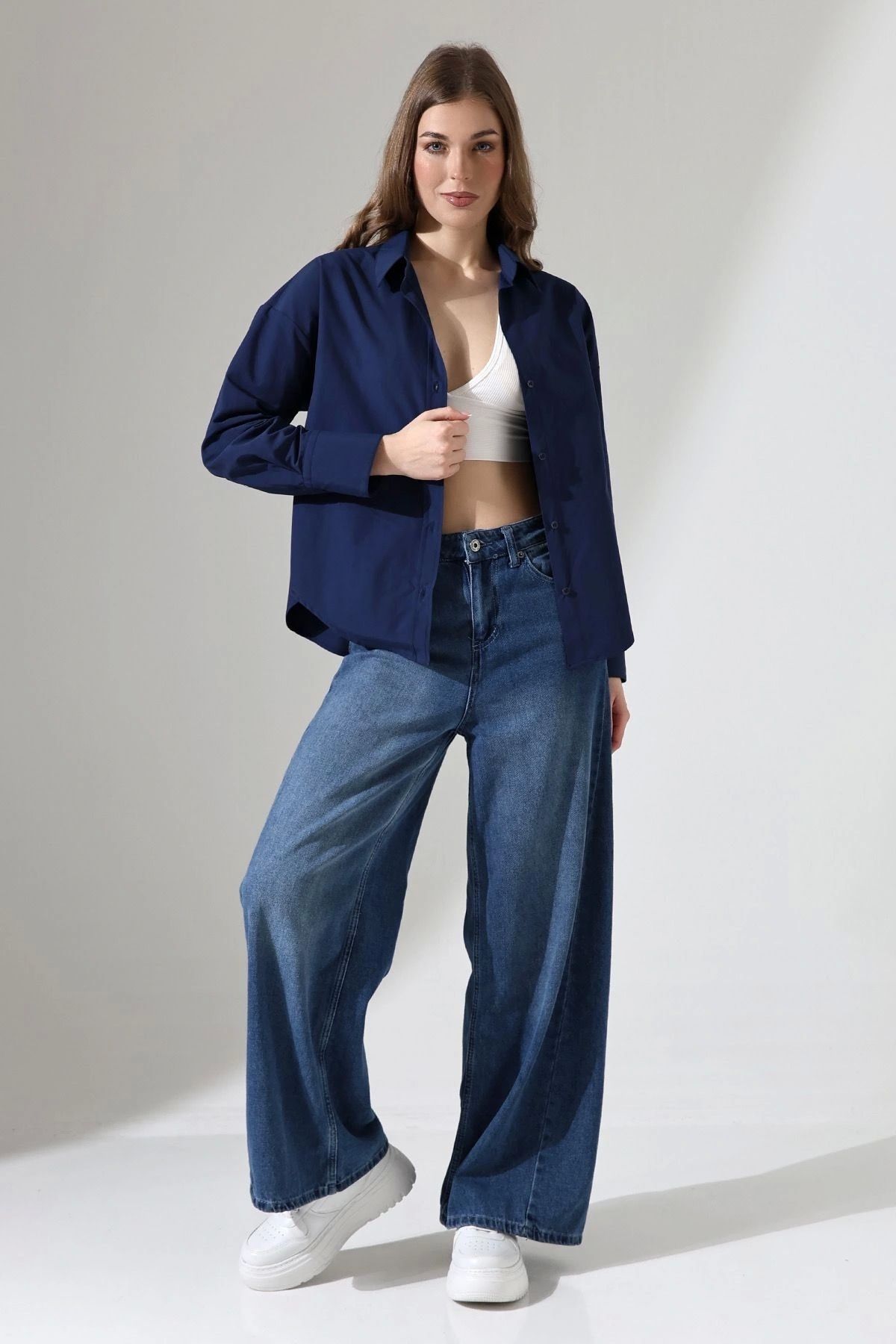 DEFNADA Kadın Gömlek Lacivert Renk Oversize Rahat Kesim Poplin Kumaş Gomlek