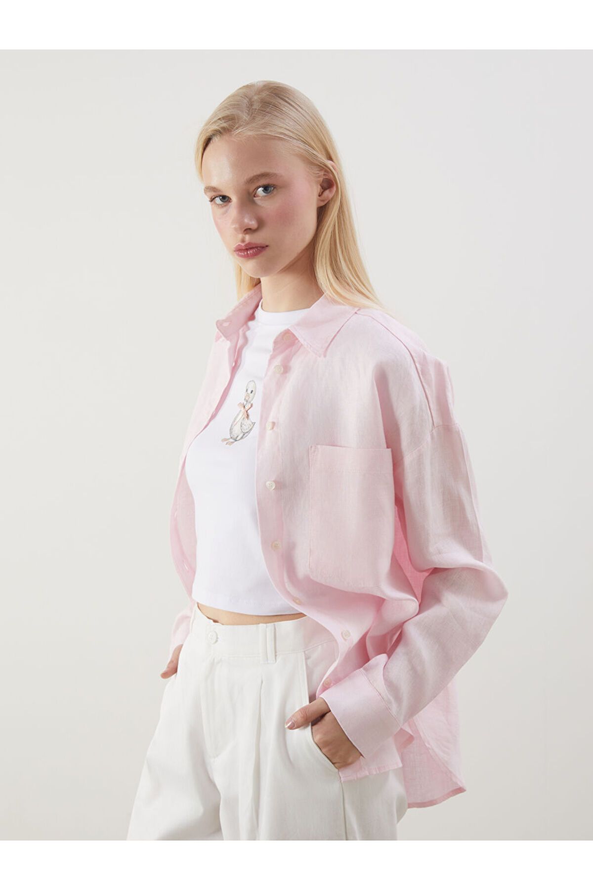 LC Waikiki XSIDE Pembe Oversize Keten Kadın Gömlek S5LT31Z8NVY25