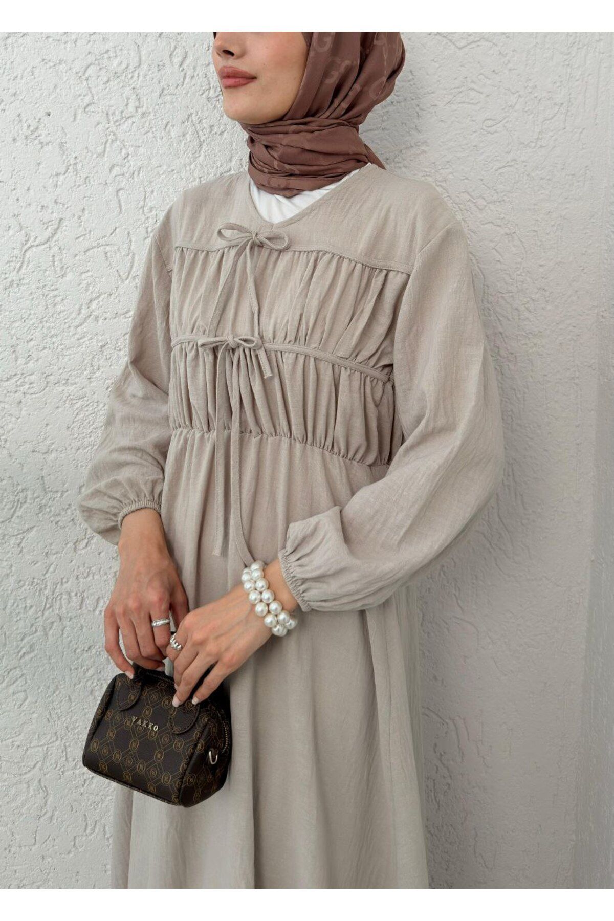 Castivo Fashion Fırfır Bağcıklı Kruvaze Yaka Salaş elbise