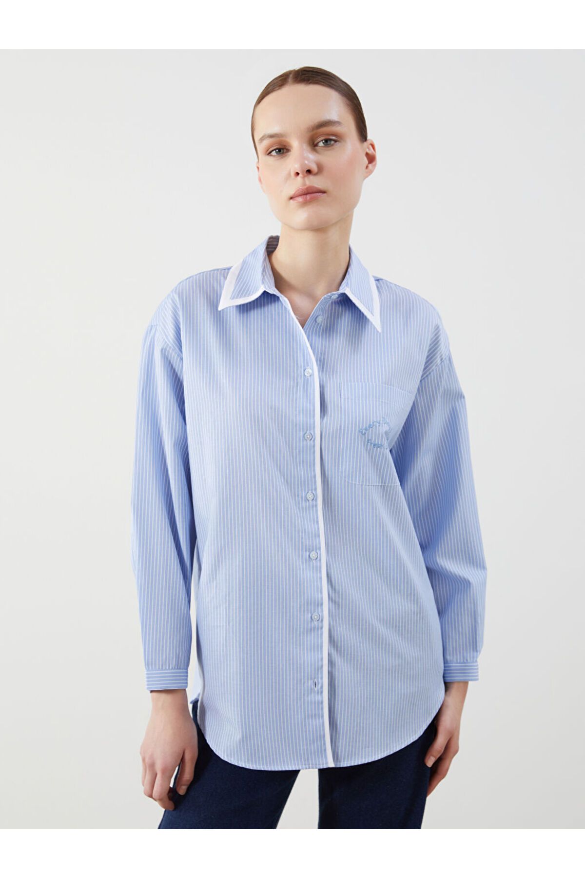 LC Waikiki LCW Modest Ekru Çizgili Oversize Poplin Kadın Gömlek Tunik S5MP97Z8NVY25