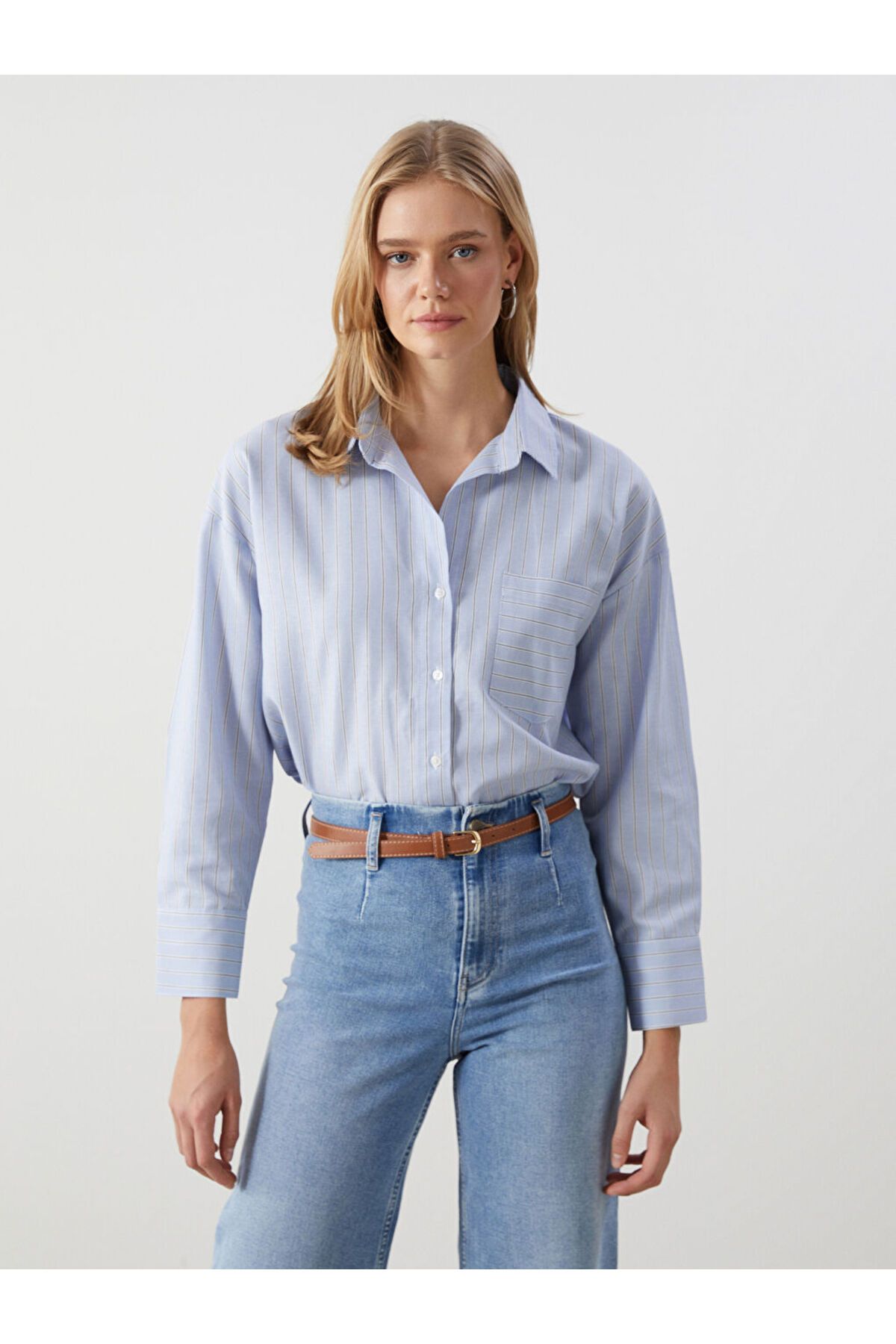 LC Waikiki LCW Vision Mavi Çizgili Oversize Oxford Kadın Gömlek S5HV54Z8NVY25