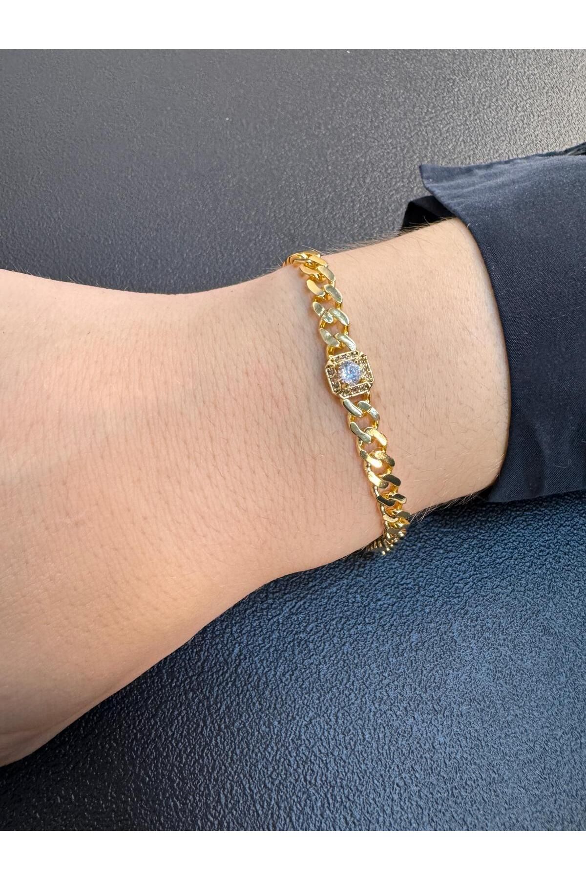 Tue Jewellery 14k Ayar Zirkon Taşlı Kalın Zincir Bileklik