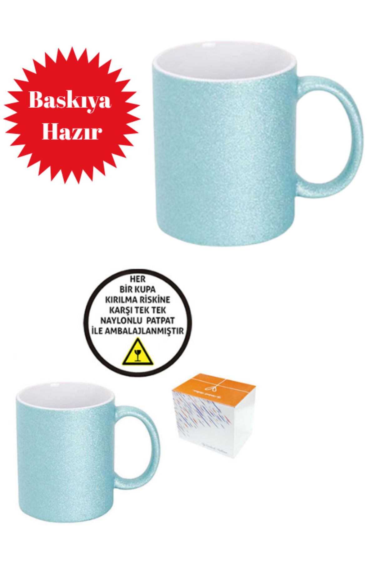 Güzel Paket Sublimasyon Porselen Glitter (Simli) Mavi Kupa - Kutulu 3 Adet Baskısız