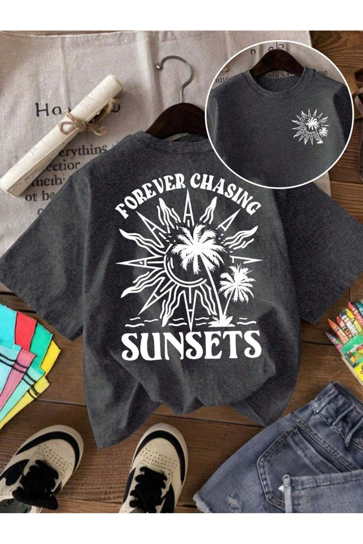 cc collection Kadın/Erkek Sunsets Baskılı Oversize Pamuklu T-Shirt Tişört