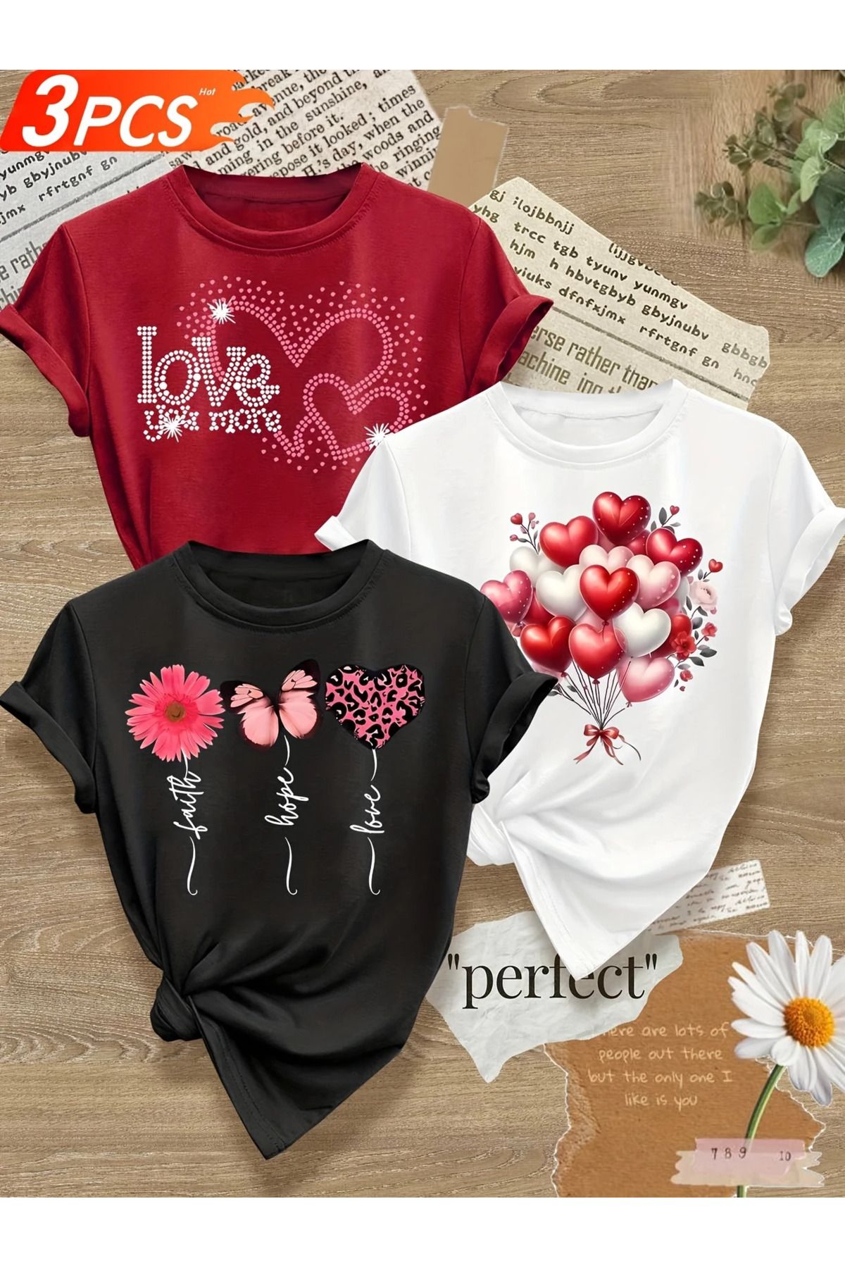 aynewmoda 3 Parça Kadın Günlük Yuvarlak Yaka Tişört, Kalp ve Çiçek Desenli. 3 parça fiyatı: 1200