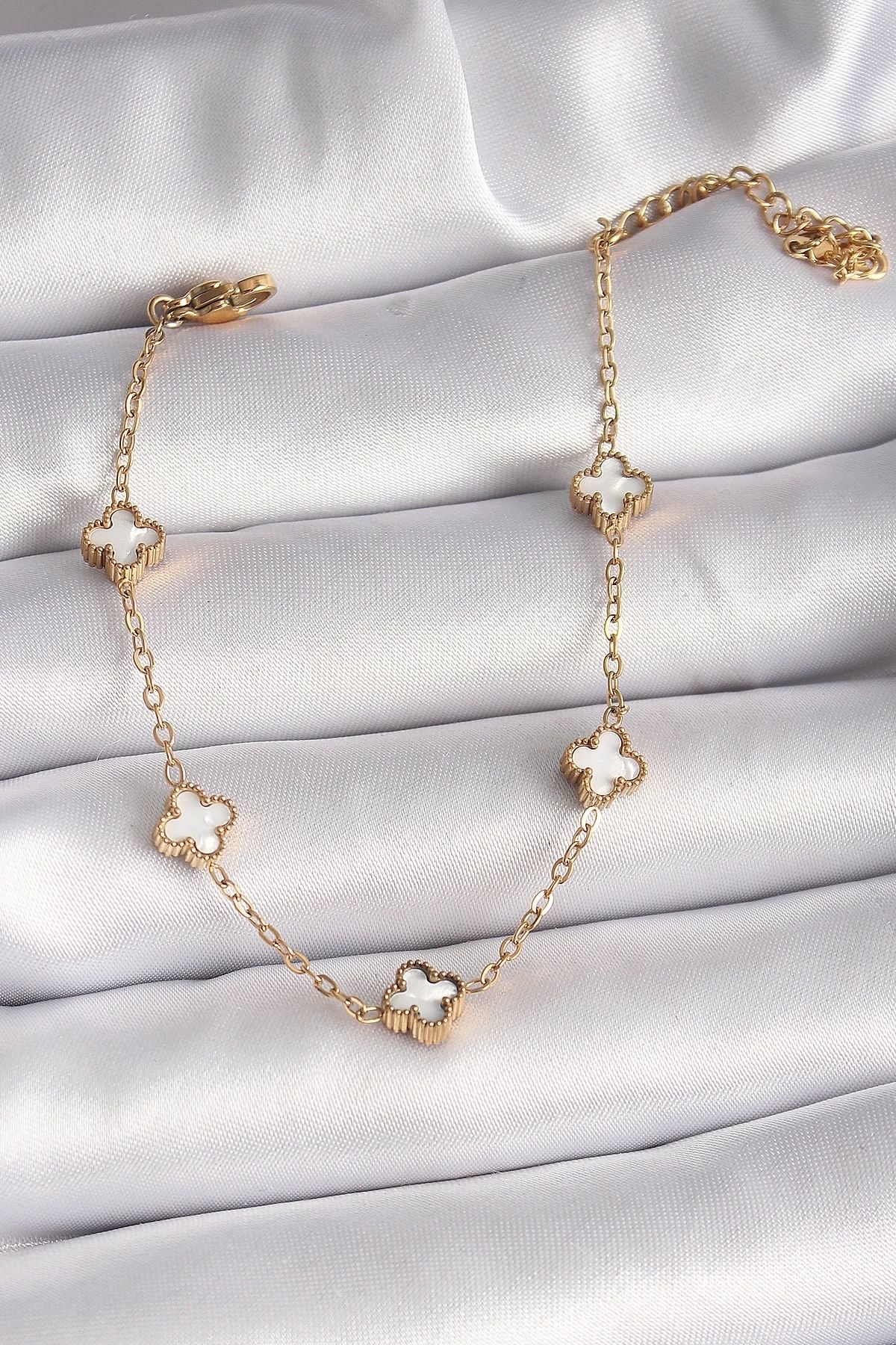 STOREMAX 316L Çelik Gold Renk Beyaz Baby Boy Yonca Model Kadın Bileklik