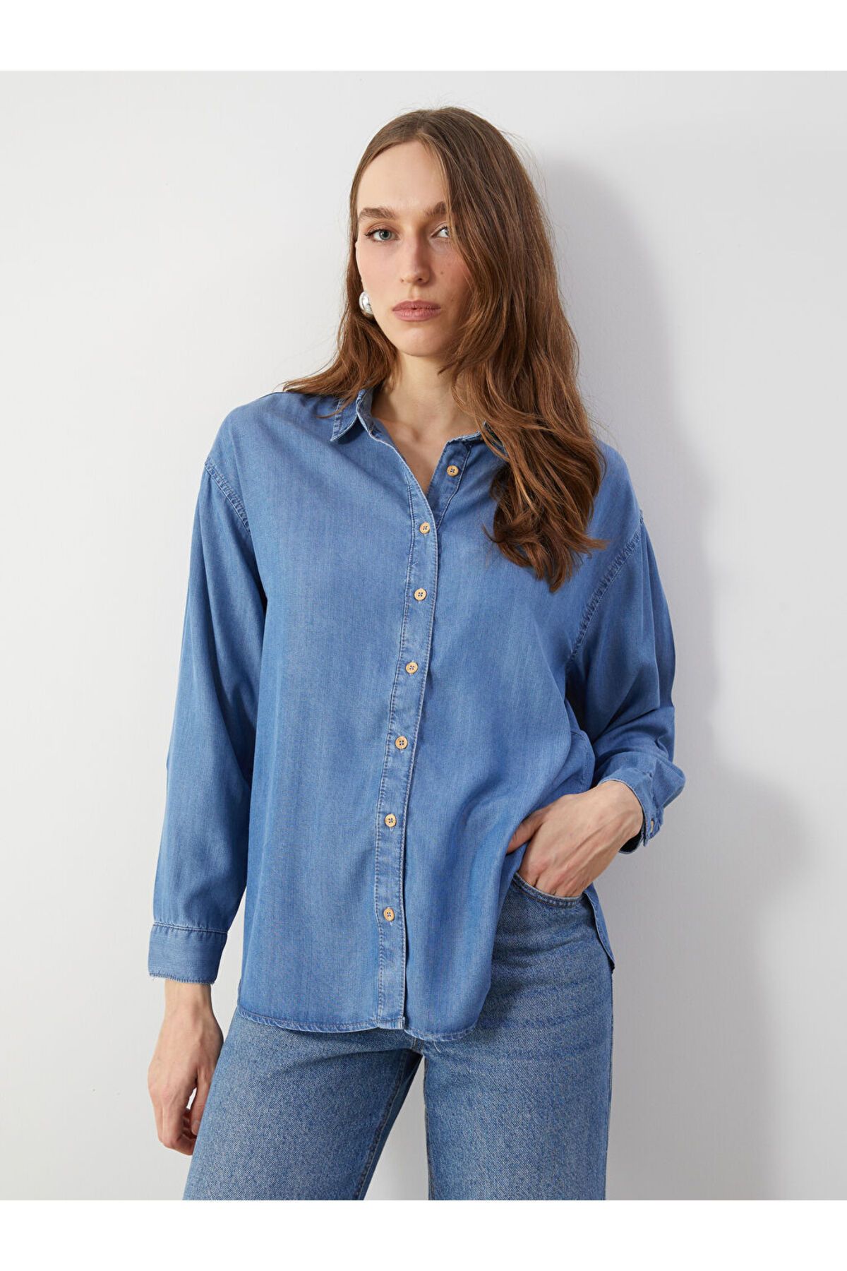 LC Waikiki LCW ECO Indigo Oversize Kadın Jean Gömlek S5LN68Z8NVY25
