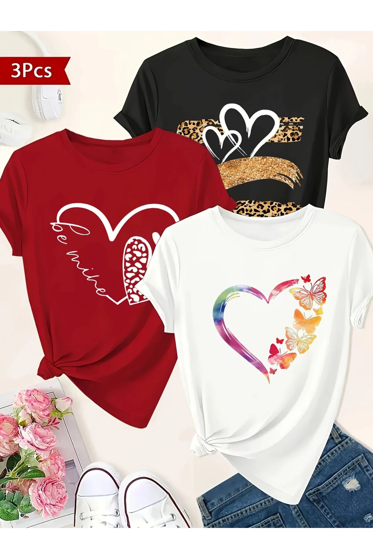 aynewmoda Kadın Yaz Kısa Kollu Yuvarlak Yaka Tişört Takımı Kalp, Kelebek ve Leopar Desenli - 3 Parça 1200