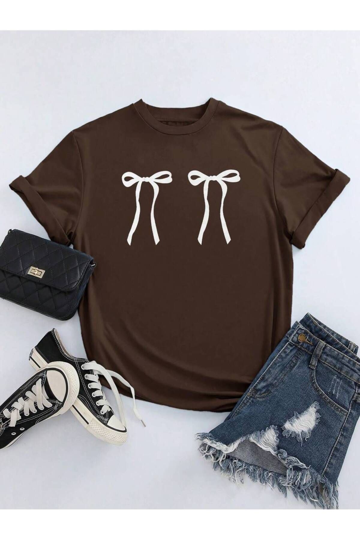 cc collection Kadın KURDELE Renkli Özel Baskılı Oversize Pamuklu Bisiklet Yaka T-Shirt Tişört